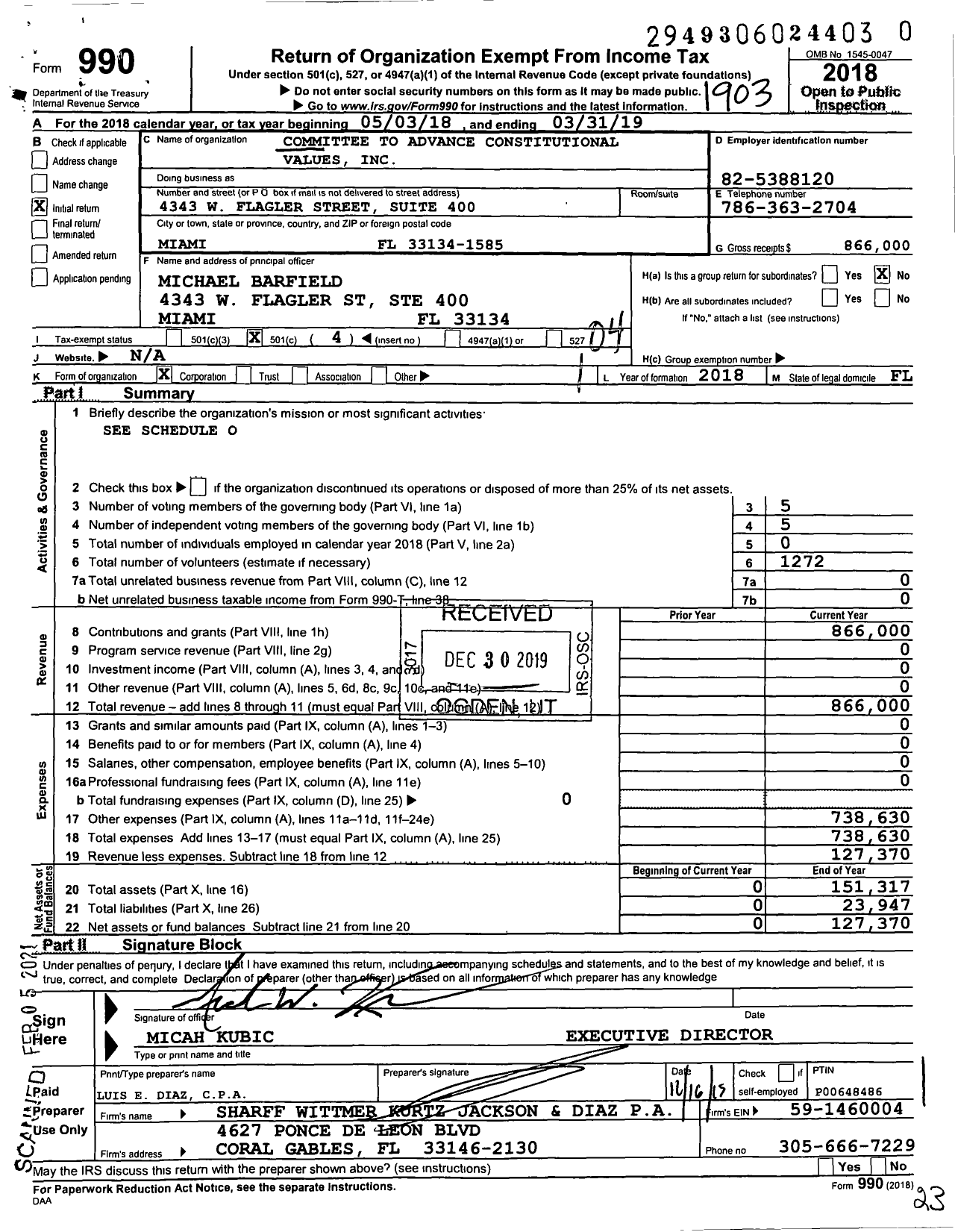 Image of first page of 2018 Form 990O for Committee To Advance Constitutional Values