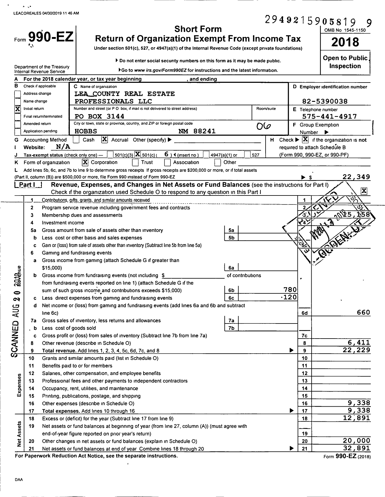 Image of first page of 2018 Form 990EO for Lea County Real Estate Professionals LLC