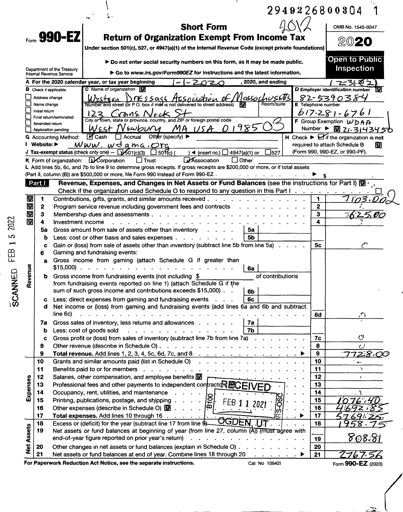 Image of first page of 2020 Form 990EZ for Western Dressage Association of America