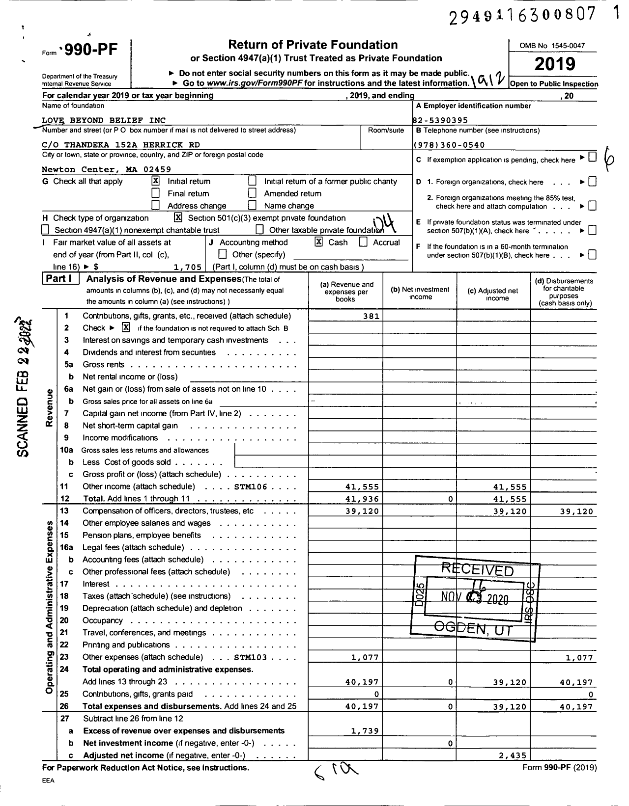 Image of first page of 2019 Form 990PF for Love Beyond Belief