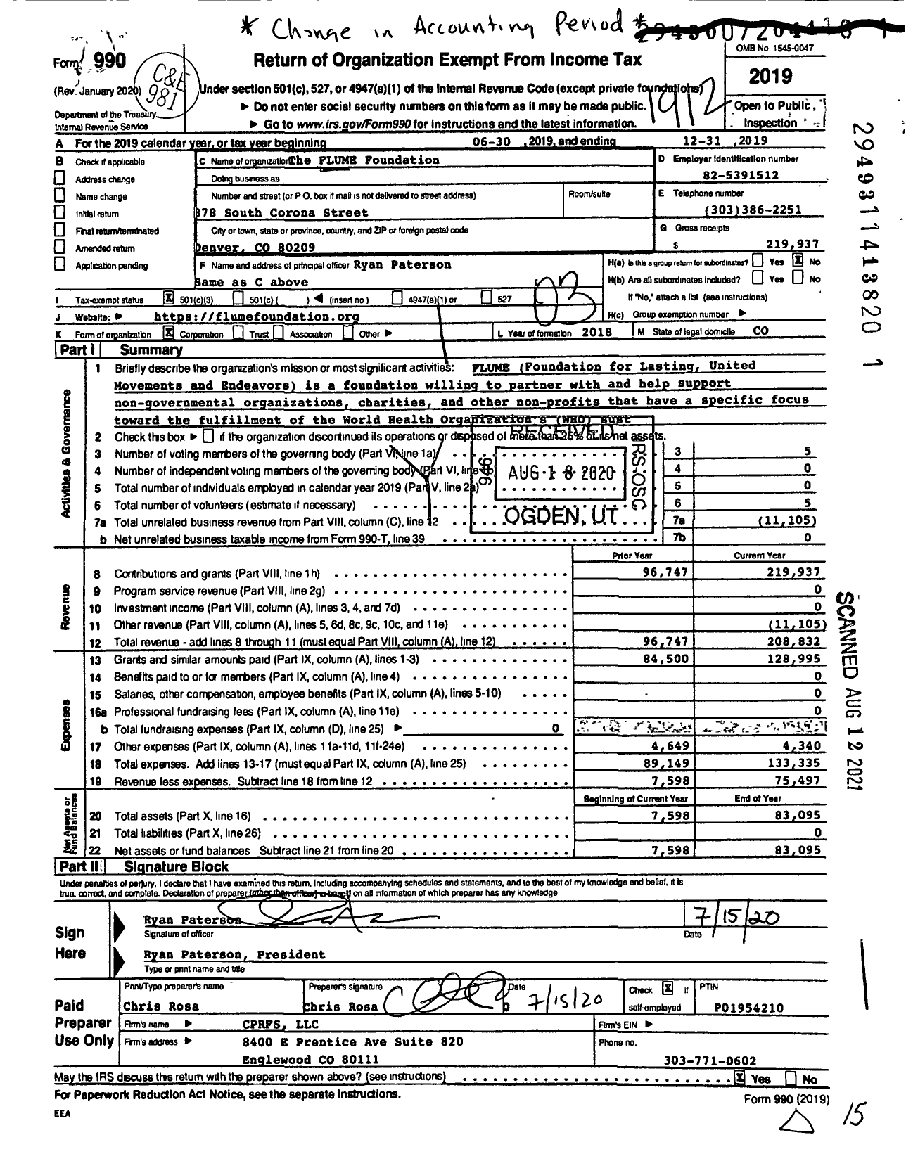 Image of first page of 2019 Form 990 for The FLUME Foundation