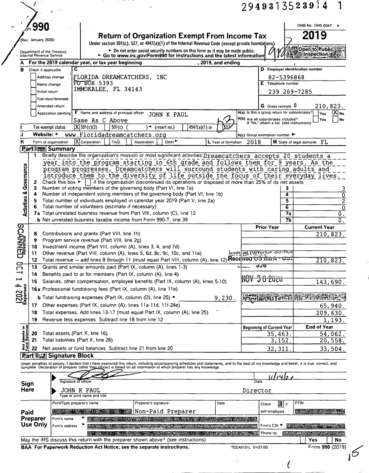 Image of first page of 2019 Form 990 for Florida Dreamcatchers