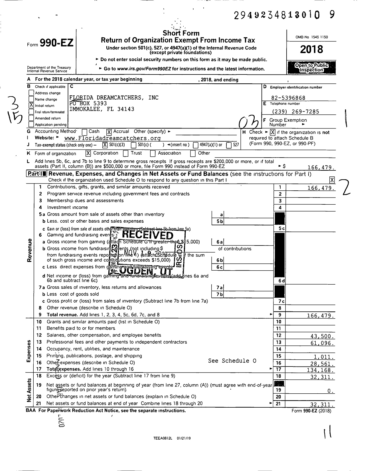 Image of first page of 2018 Form 990EZ for Florida Dreamcatchers