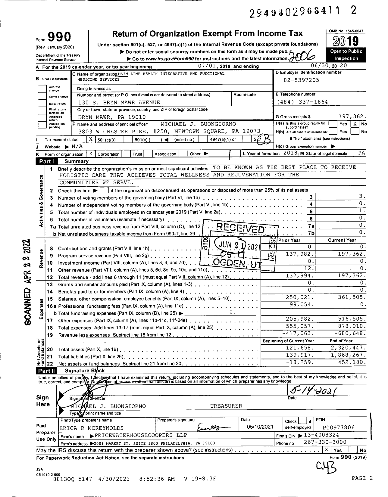 Image of first page of 2019 Form 990 for Main Line Health Integrative and Functional Medicine Services