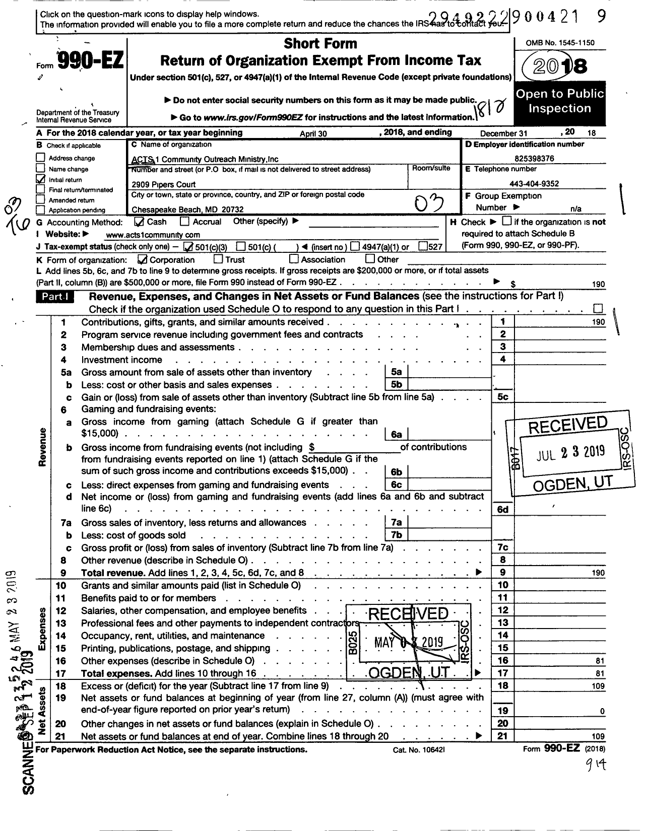 Image of first page of 2018 Form 990EZ for ACTS1 Community Outreach Ministry