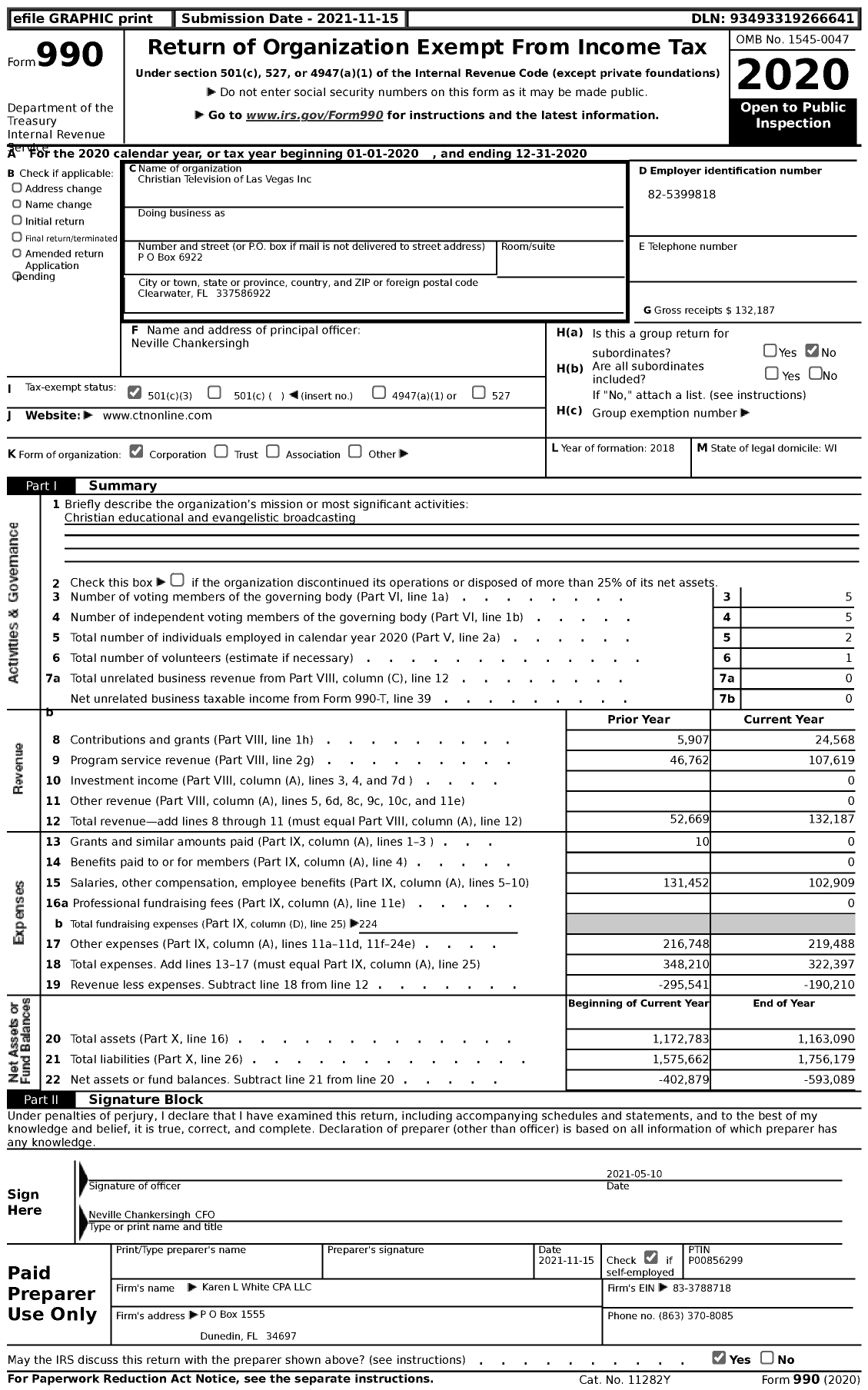 Image of first page of 2020 Form 990 for Christian Television of Las Vegas