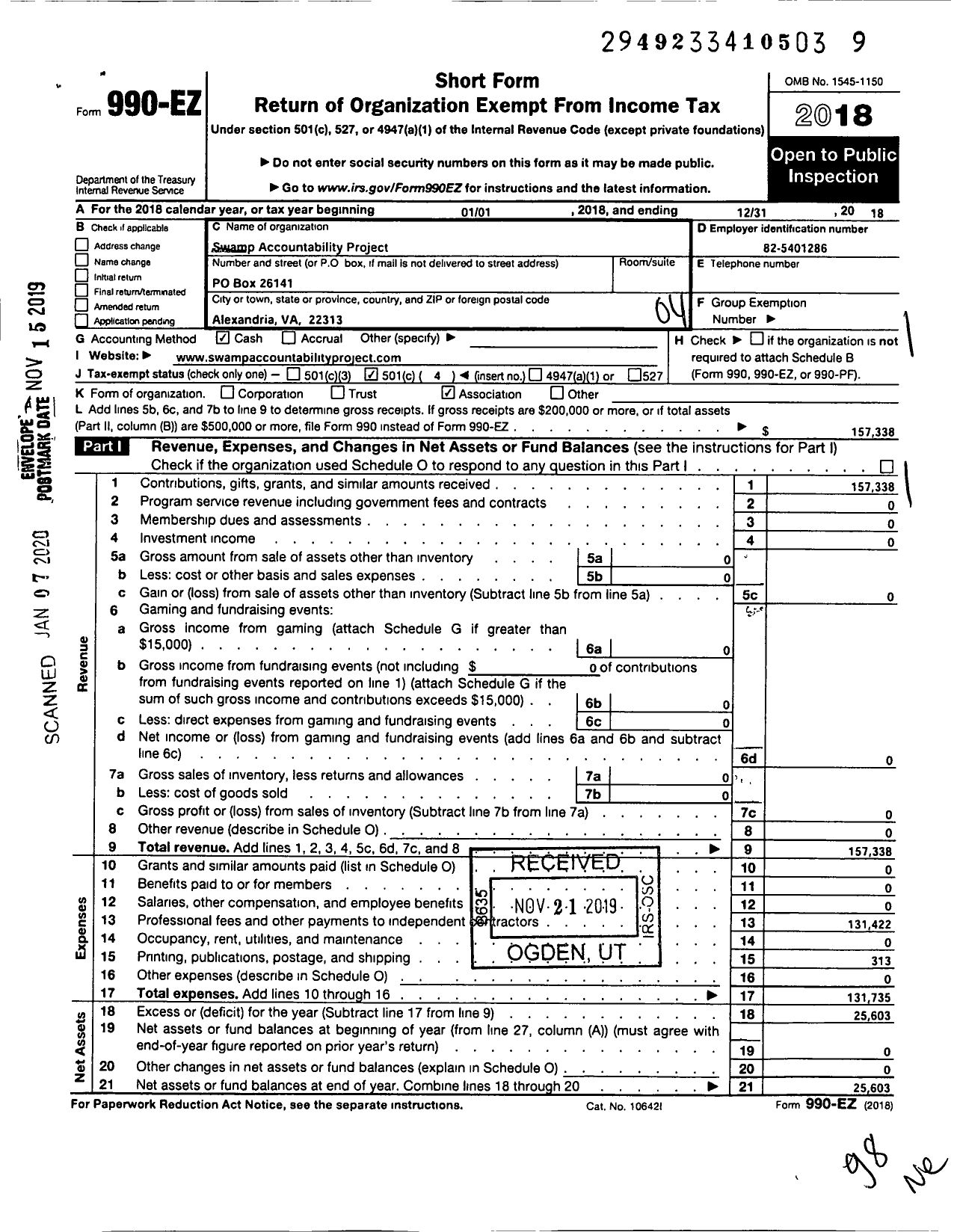 Image of first page of 2018 Form 990EO for Swamp Accountability Project