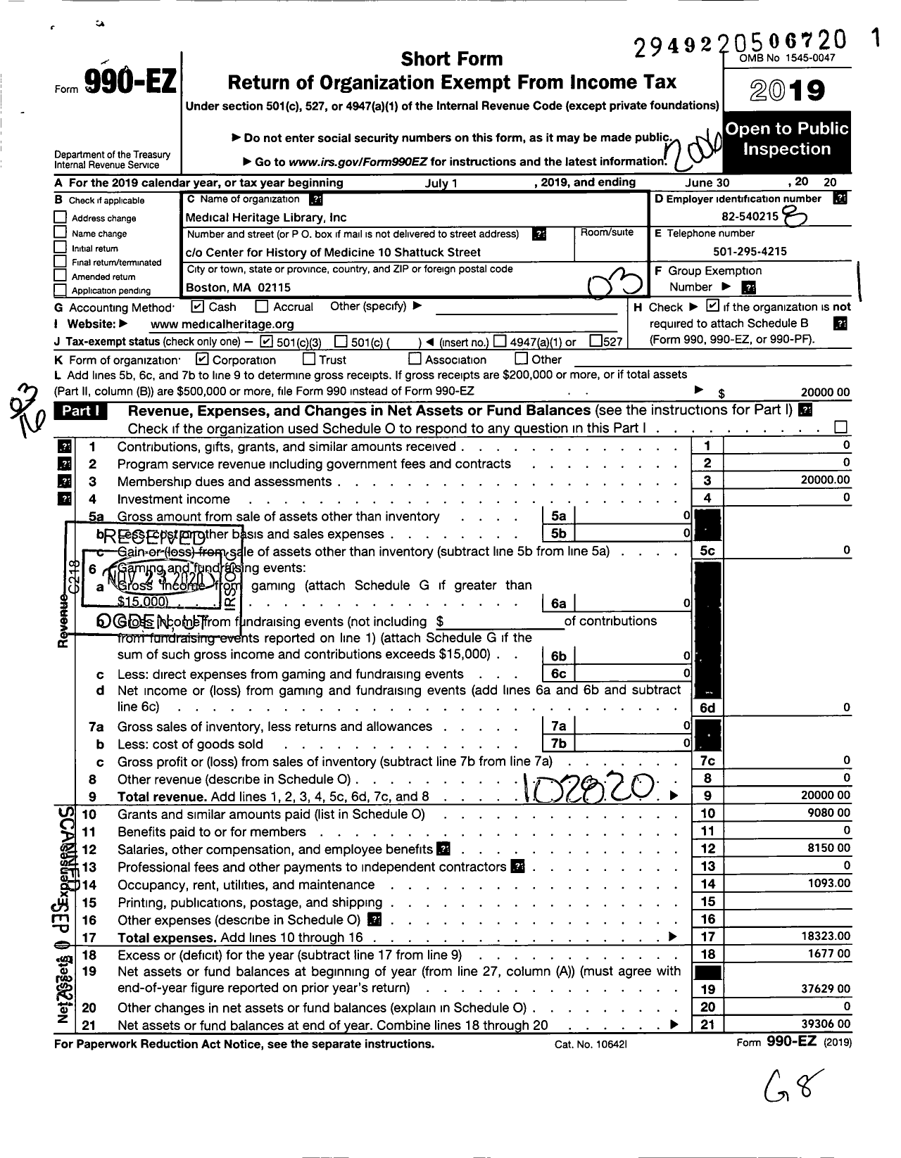 Image of first page of 2019 Form 990EZ for Medical Heritage Library