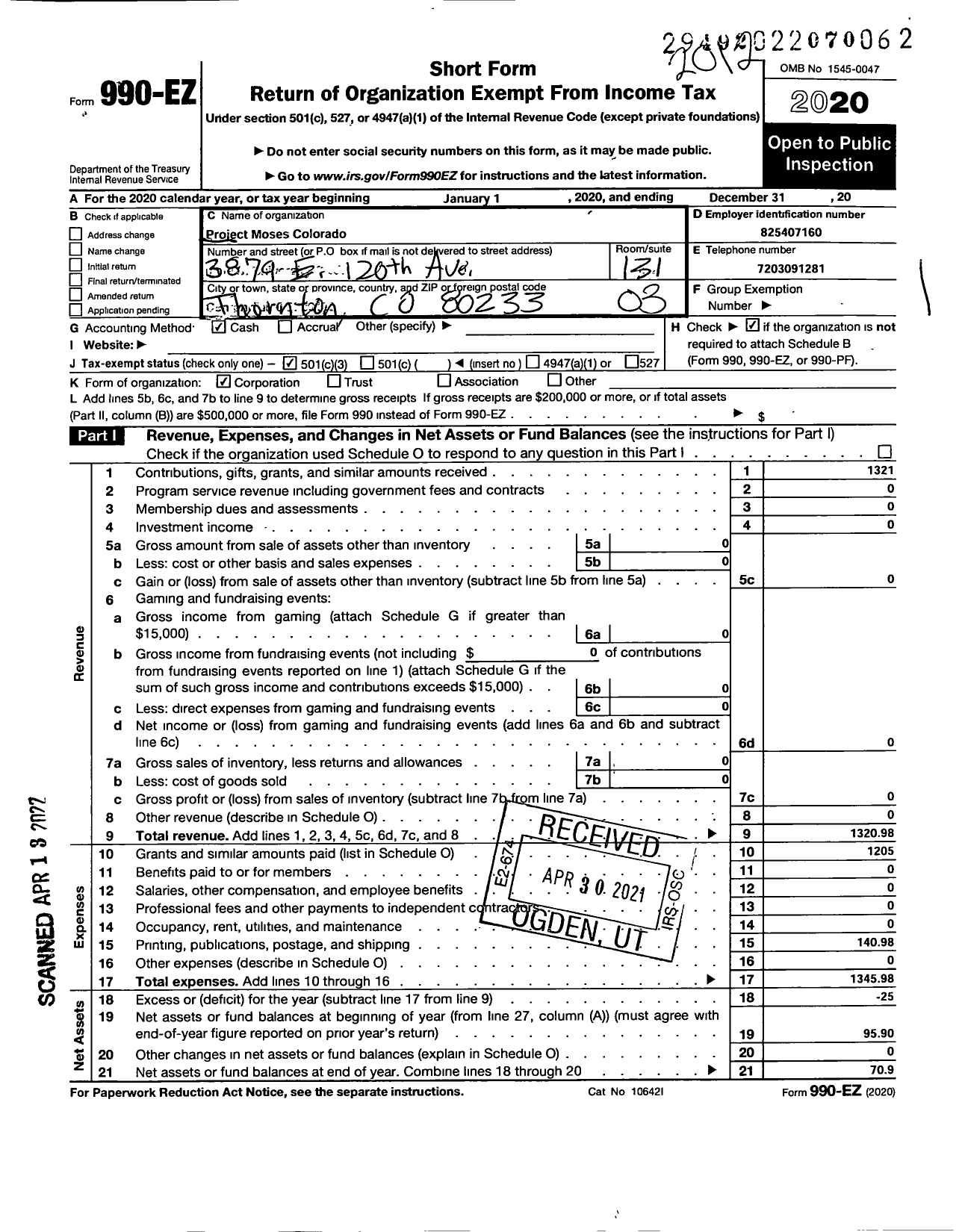 Image of first page of 2020 Form 990EZ for Project Moses Colorado