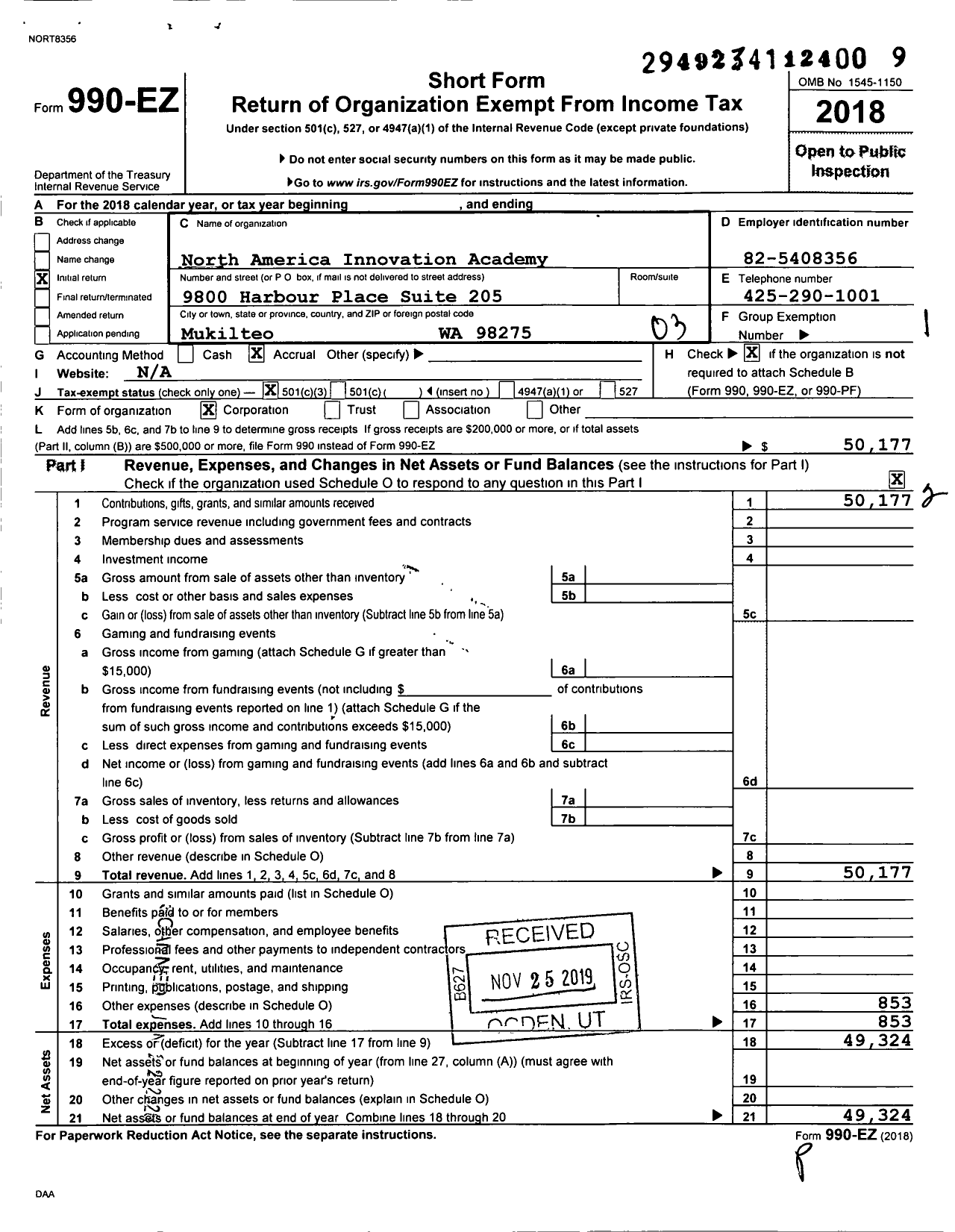 Image of first page of 2018 Form 990EZ for North America Innovation Academy