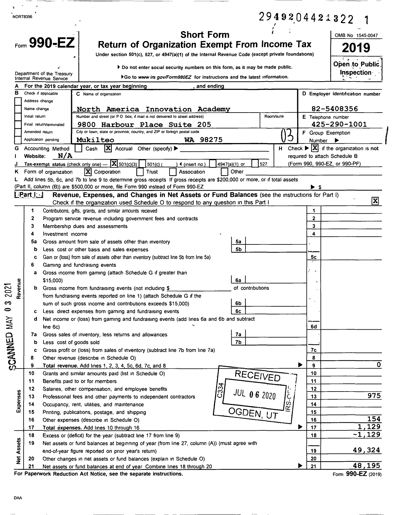 Image of first page of 2019 Form 990EZ for North America Innovation Academy