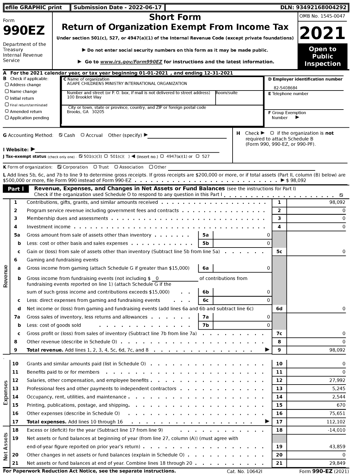 Image of first page of 2021 Form 990EZ for Agape Childrens Ministry International Organization