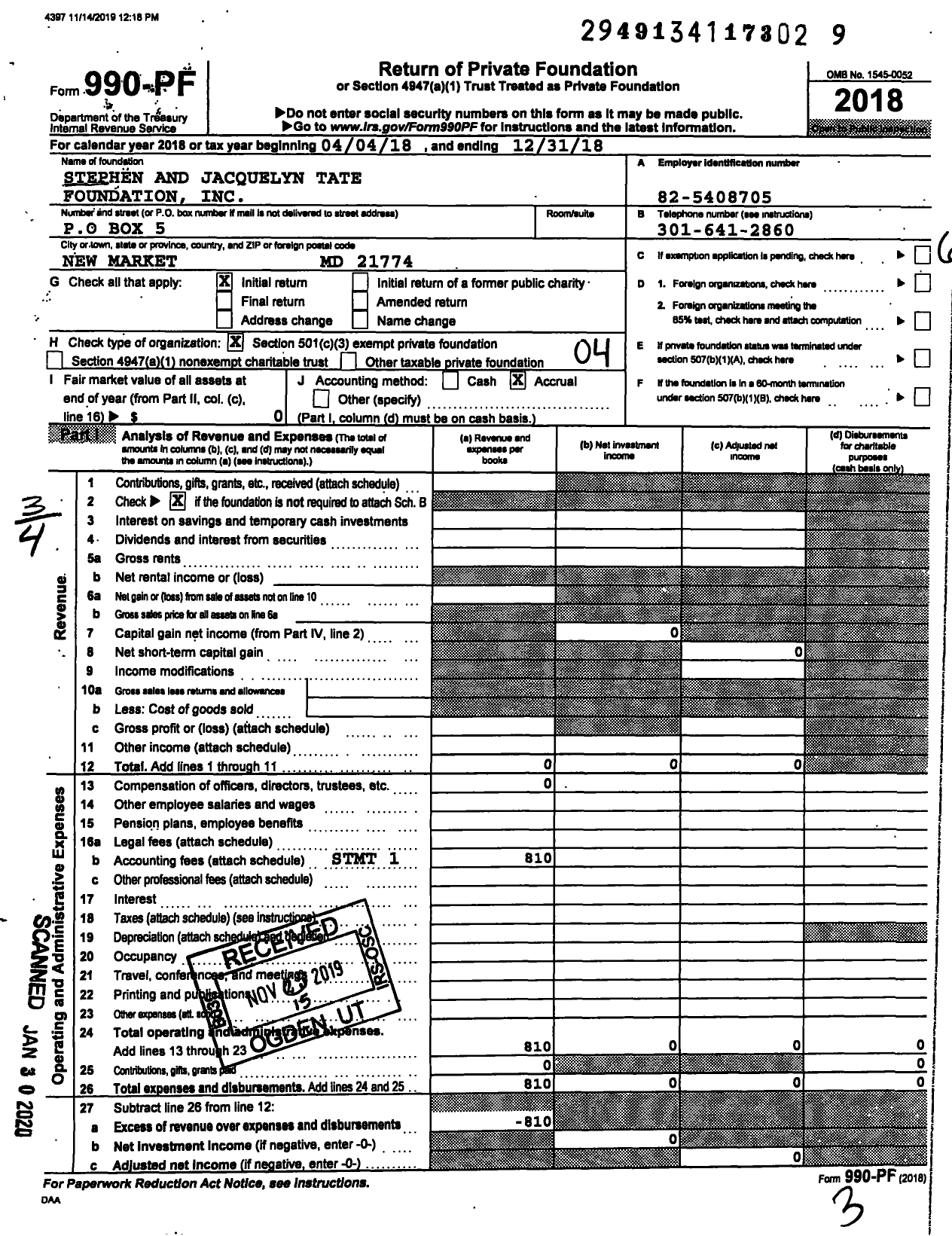 Image of first page of 2018 Form 990PF for Stephen and Jacquelyn Tate Foundation