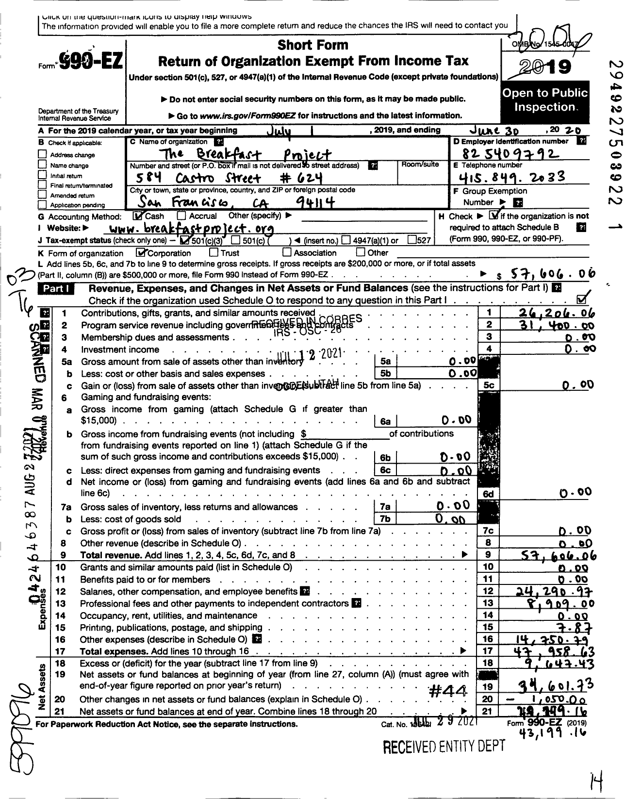 Image of first page of 2019 Form 990EZ for The Breakfast Project