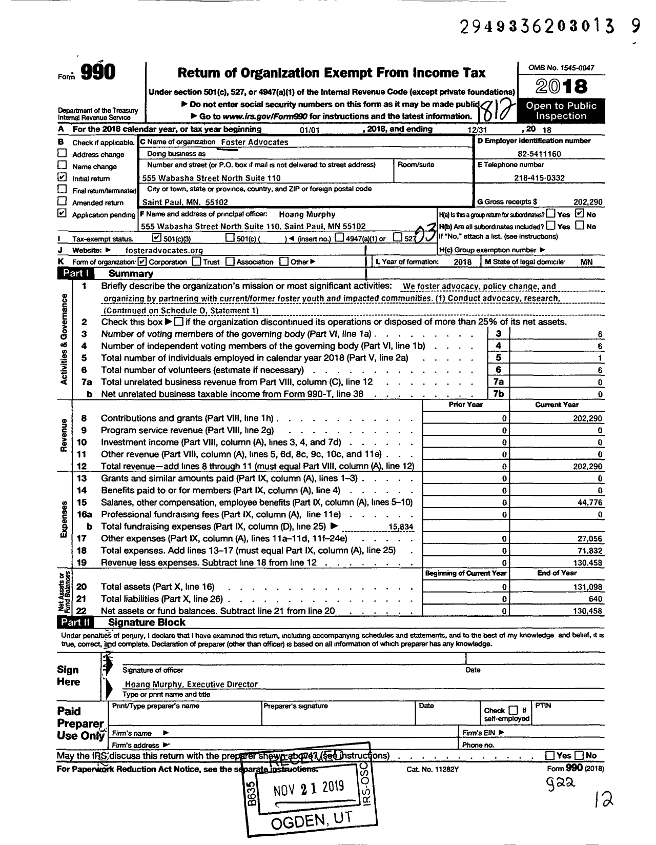 Image of first page of 2018 Form 990 for Foster Advocates