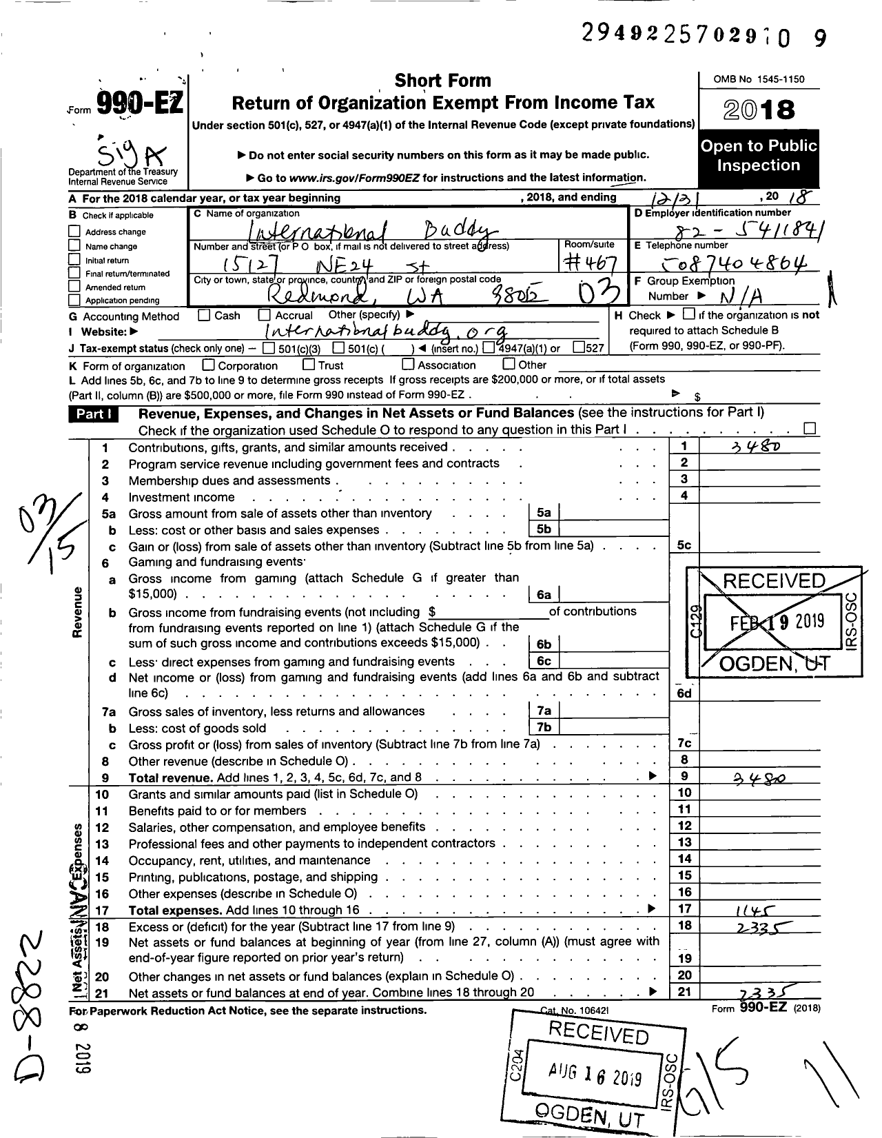 Image of first page of 2018 Form 990EZ for International Buddy