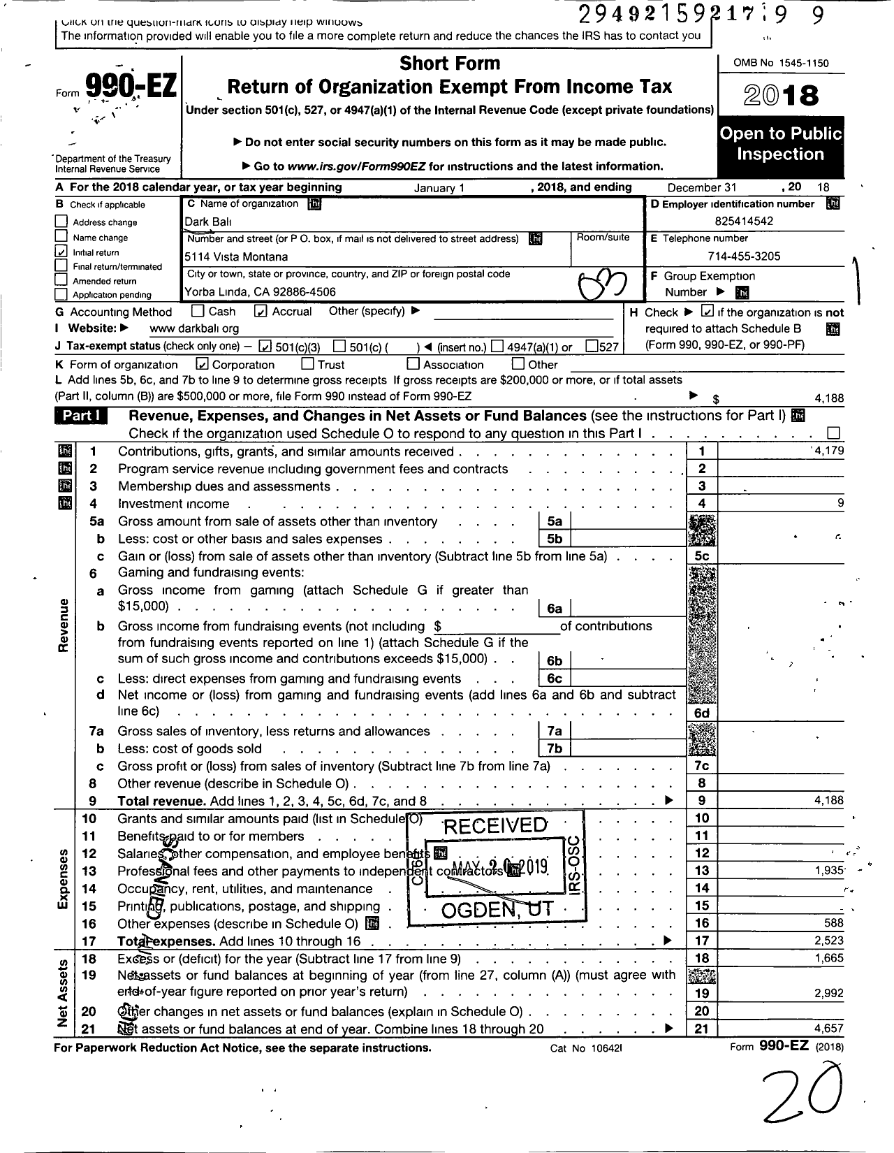 Image of first page of 2018 Form 990EZ for Dark Bali