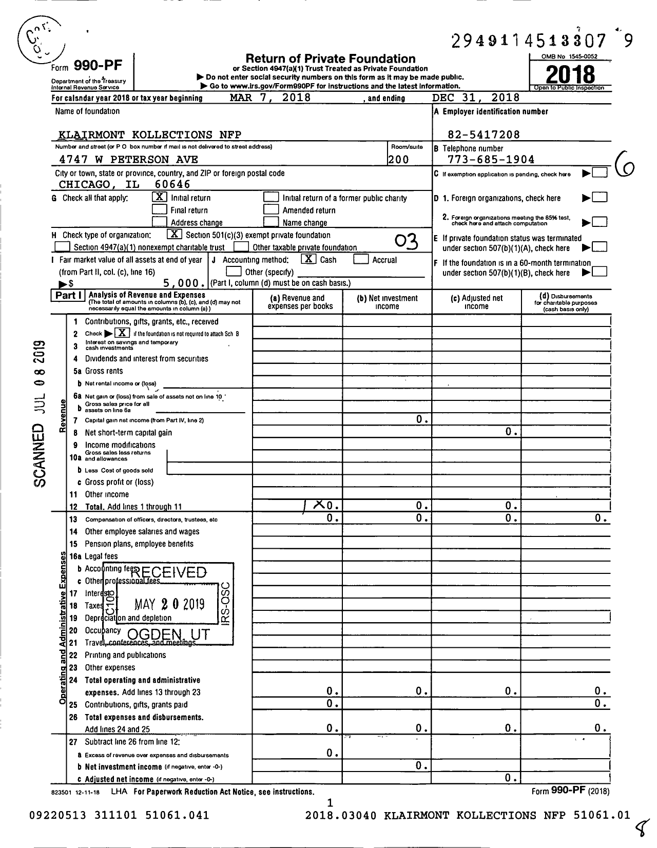 Image of first page of 2018 Form 990PF for Klairmont Kollections Automotive Museum