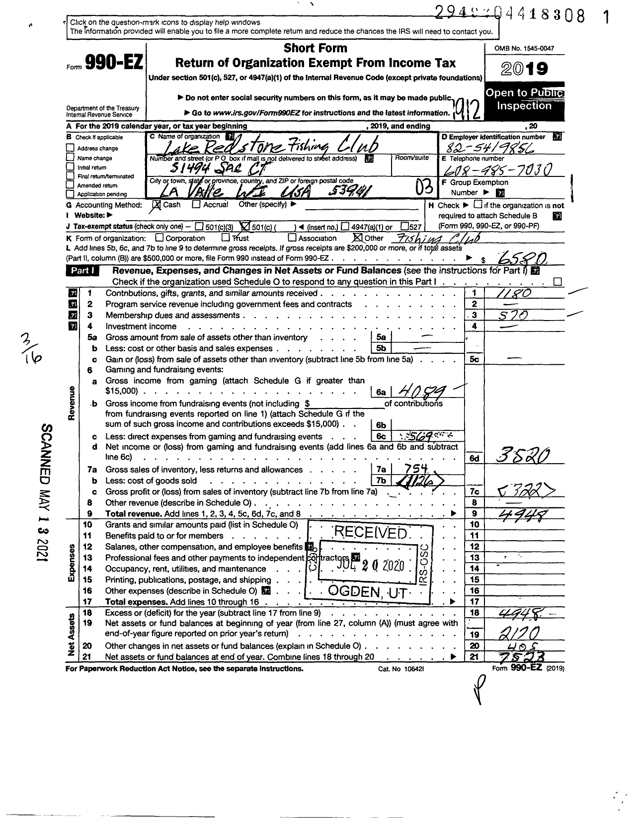 Image of first page of 2019 Form 990EZ for Lake Redstone Fishing Club