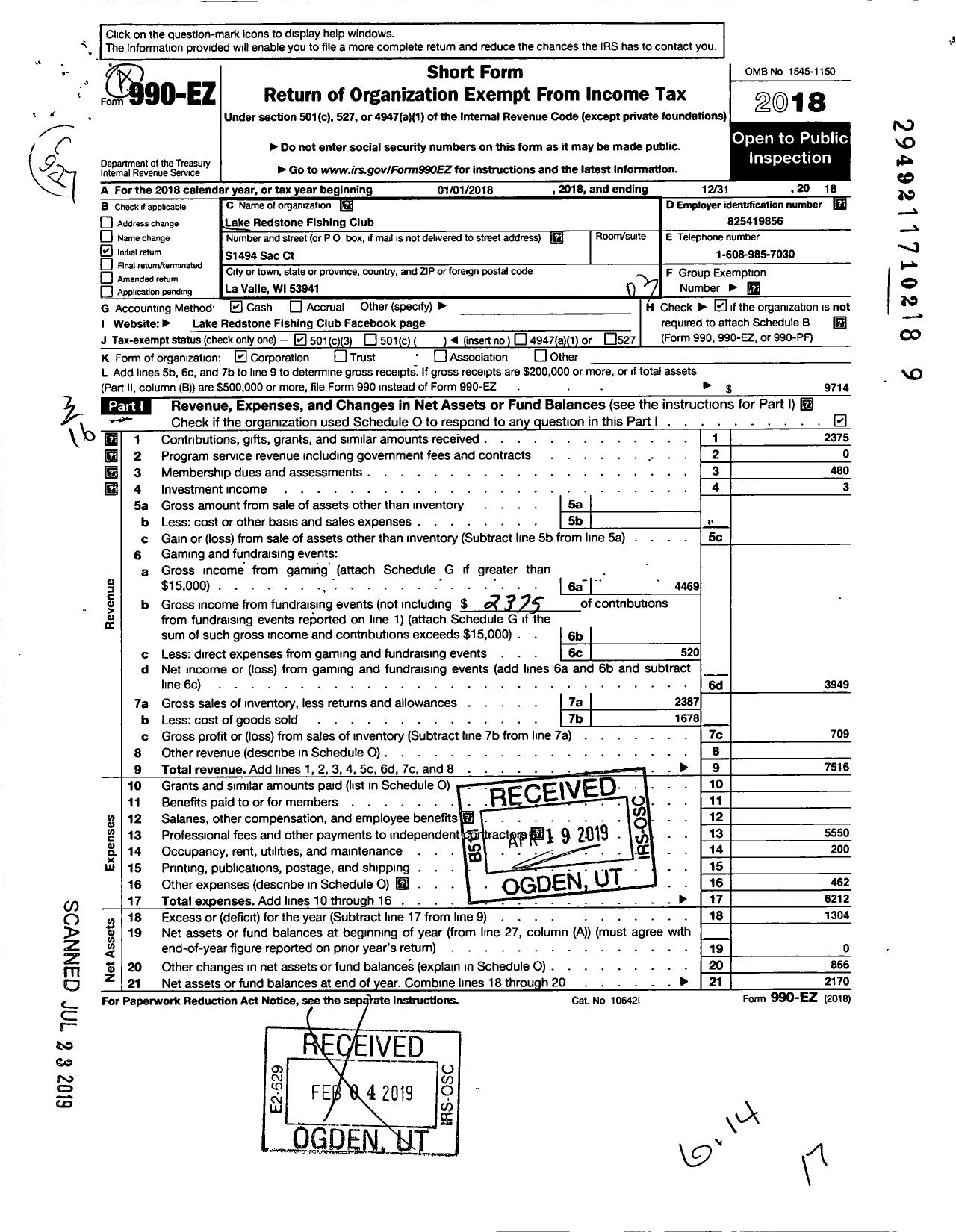 Image of first page of 2018 Form 990EZ for Lake Redstone Fishing Club