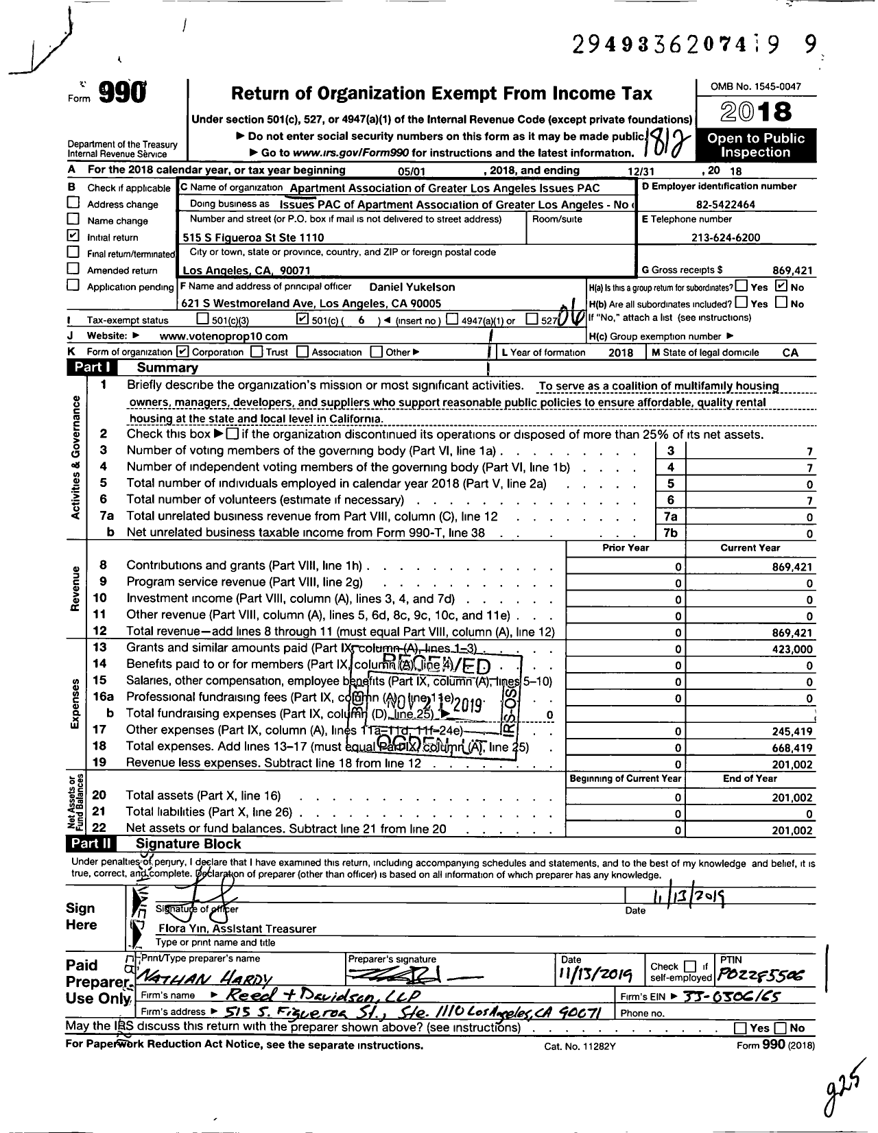 Image of first page of 2018 Form 990O for Apartment Association of Greater Los Angeles Issues PAC