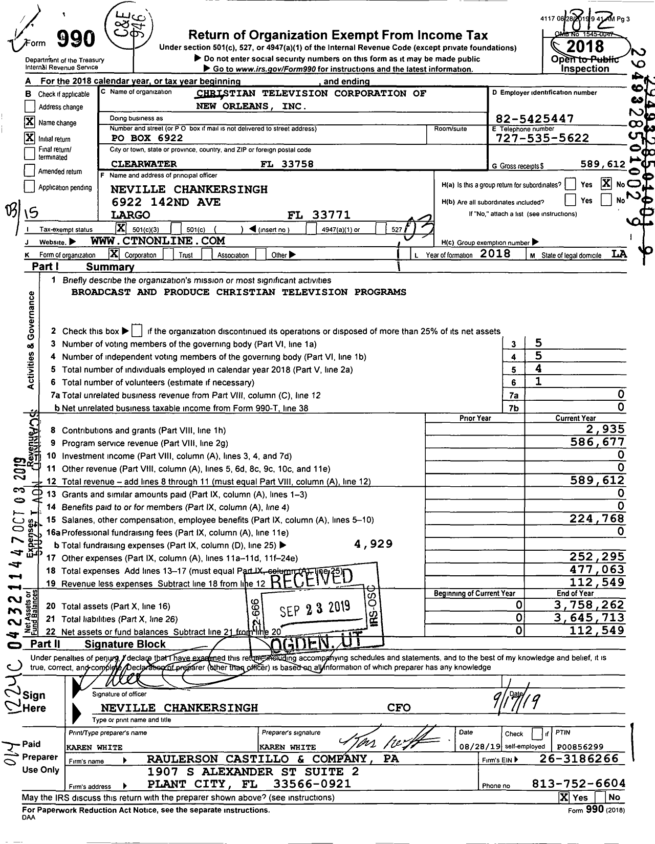 Image of first page of 2018 Form 990 for Christian Television Corporation of New Orleans