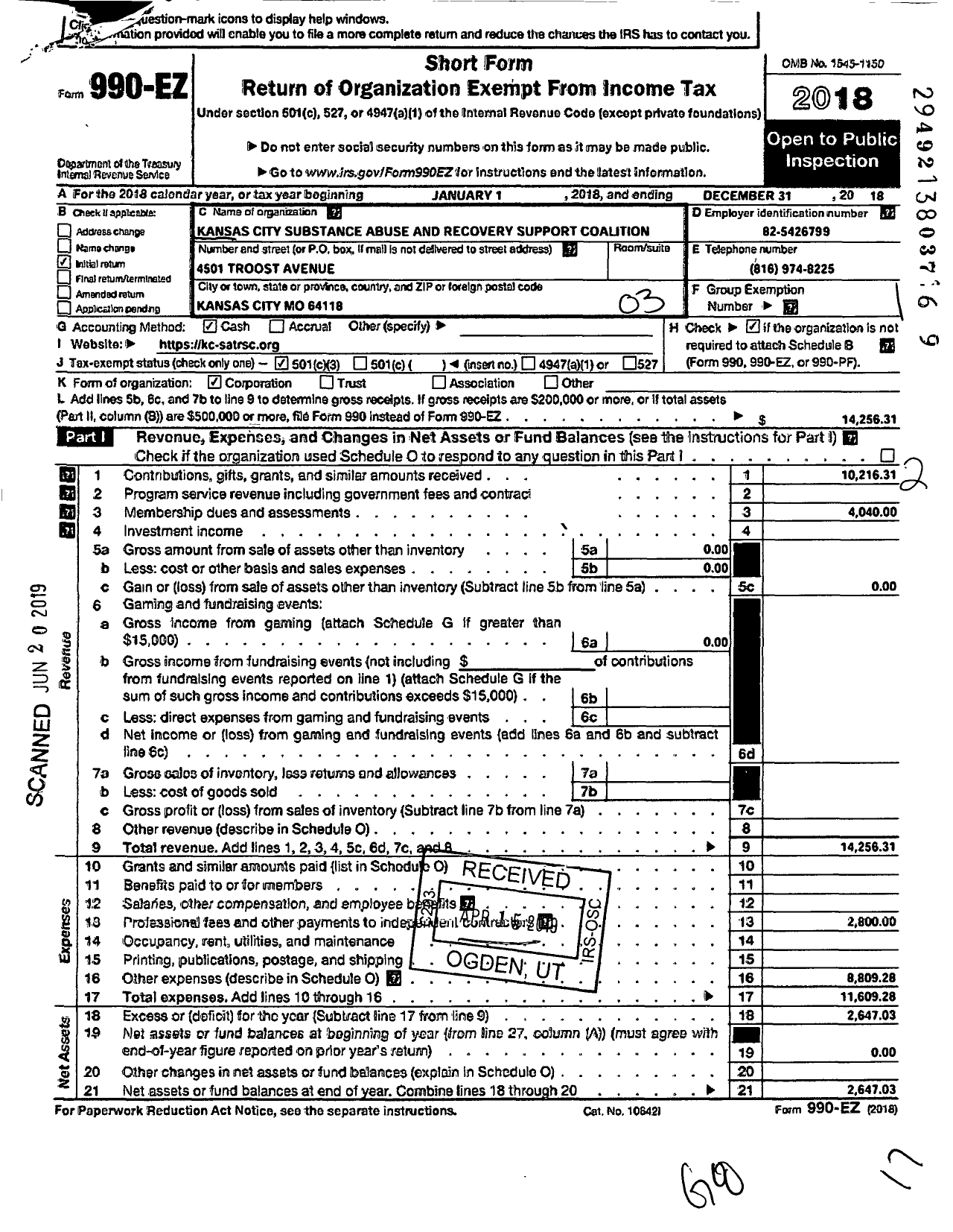 Image of first page of 2018 Form 990EZ for Kansas City Substance Abuse Treatment and Recovery Support Coalition