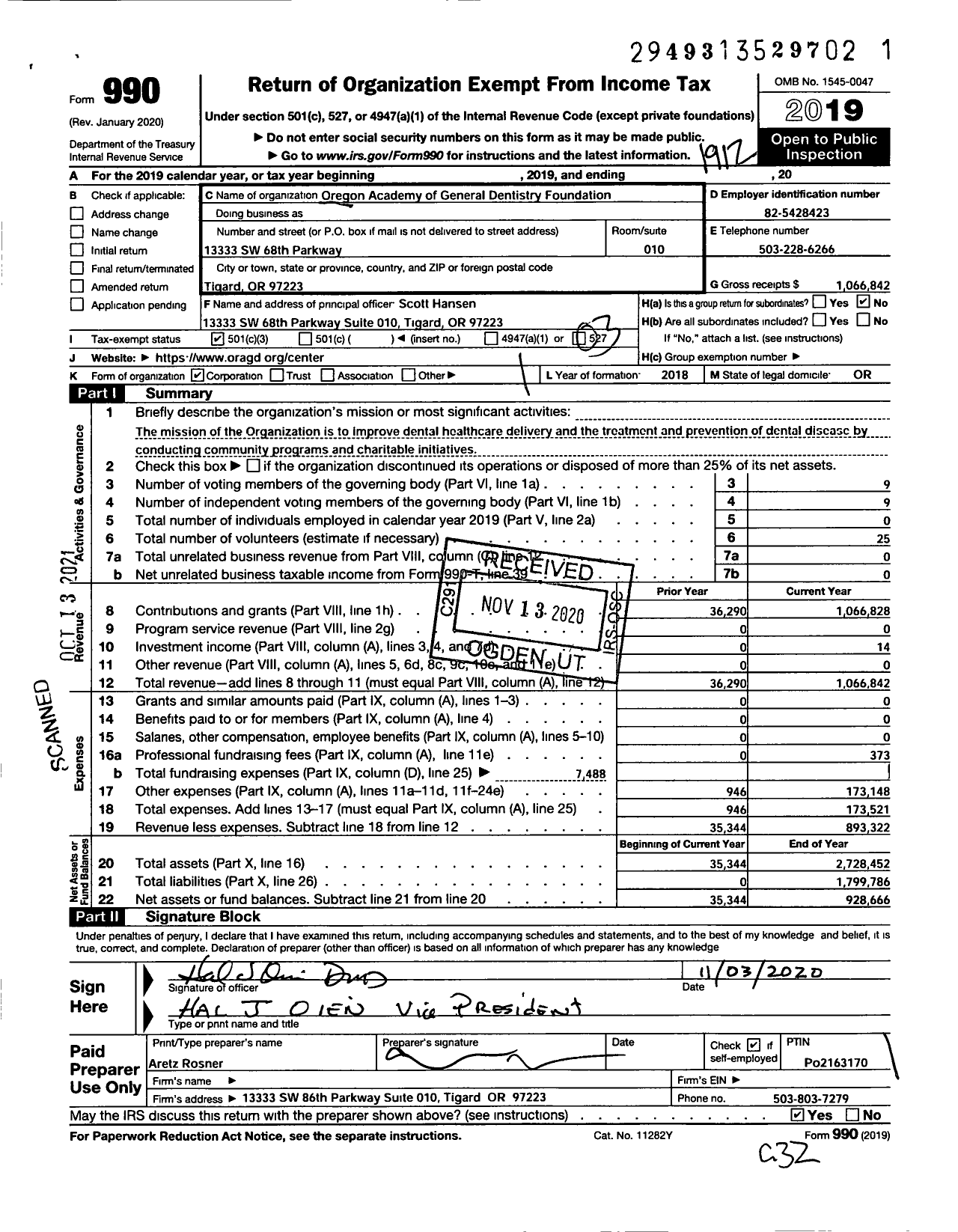 Image of first page of 2019 Form 990 for Oregon Academy of General Dentistry Foundation