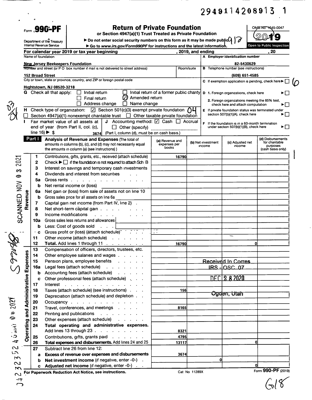 Image of first page of 2019 Form 990PF for New Jersey Beekeepers Foundation