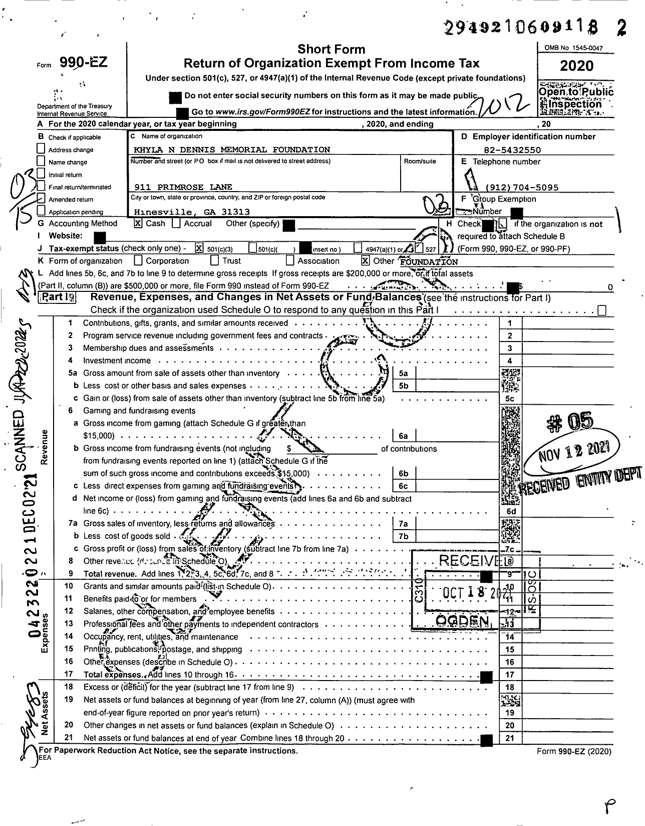 Image of first page of 2020 Form 990EZ for Khyla N Dennis Memorial Foundation