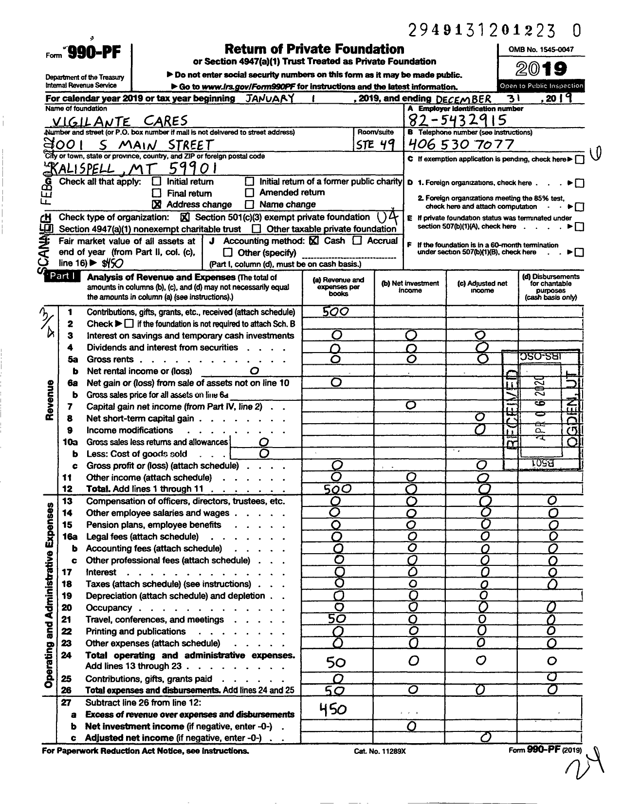 Image of first page of 2019 Form 990PF for Vigilante Cares