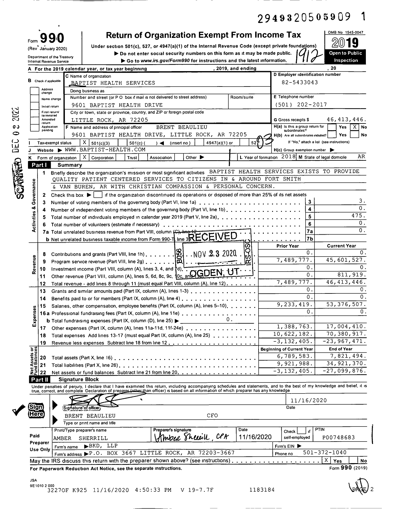 Image of first page of 2019 Form 990 for Baptist Health Services