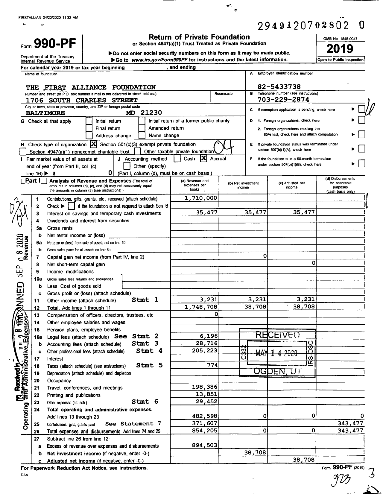 Image of first page of 2019 Form 990PR for The Carole L Brookins First Alliance Foundation