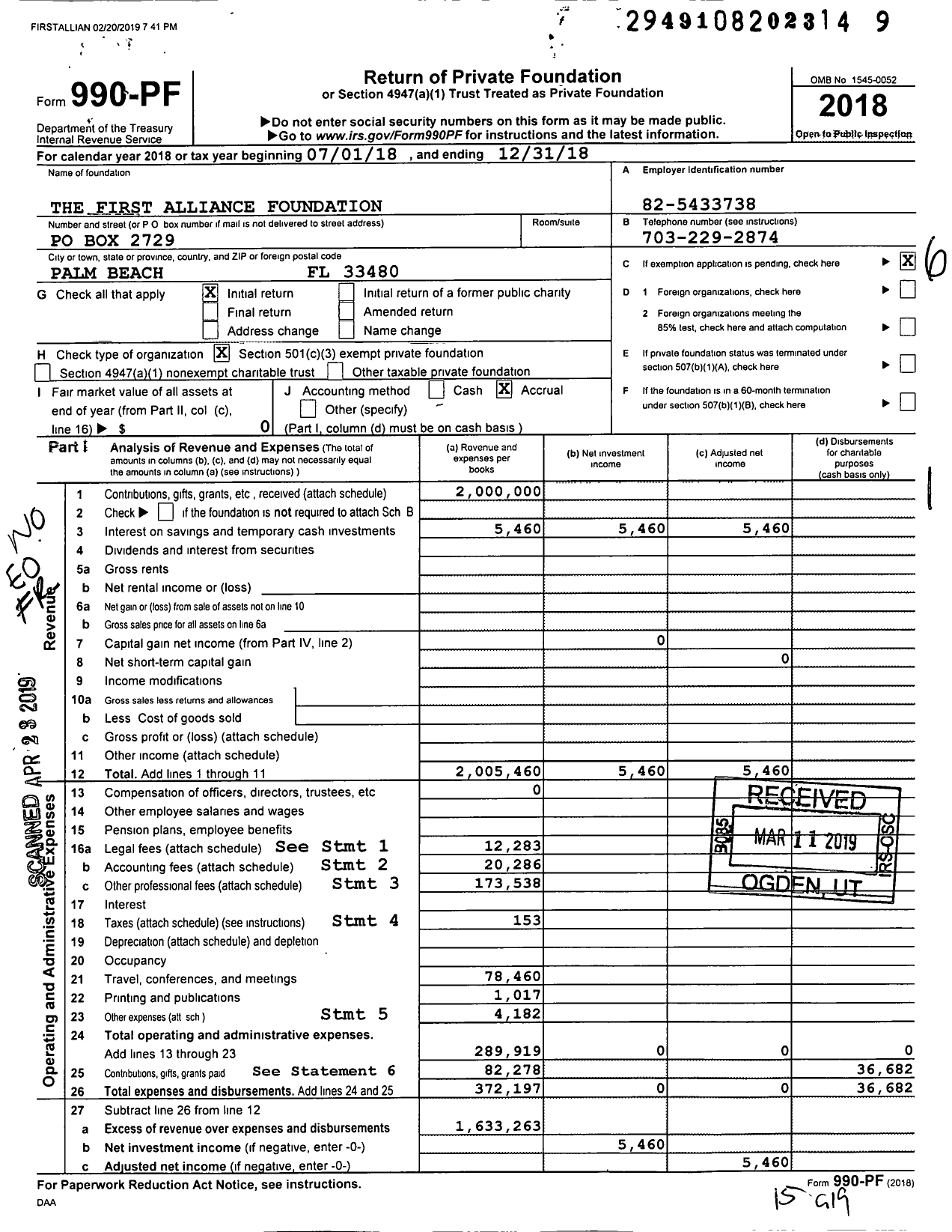 Image of first page of 2018 Form 990PF for The Carole L Brookins First Alliance Foundation