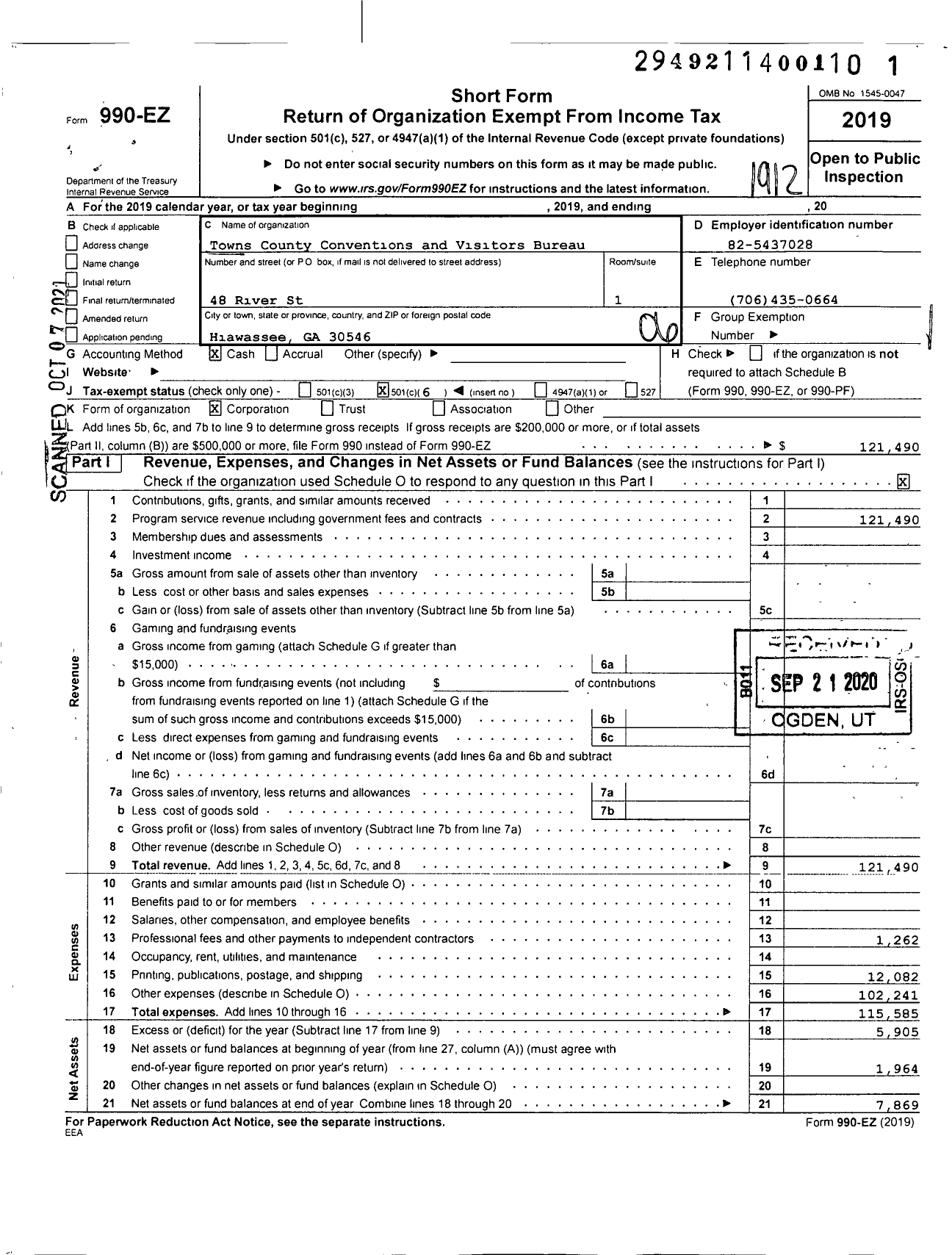 Image of first page of 2019 Form 990EO for Towns County Conventions and Visitors Bureau