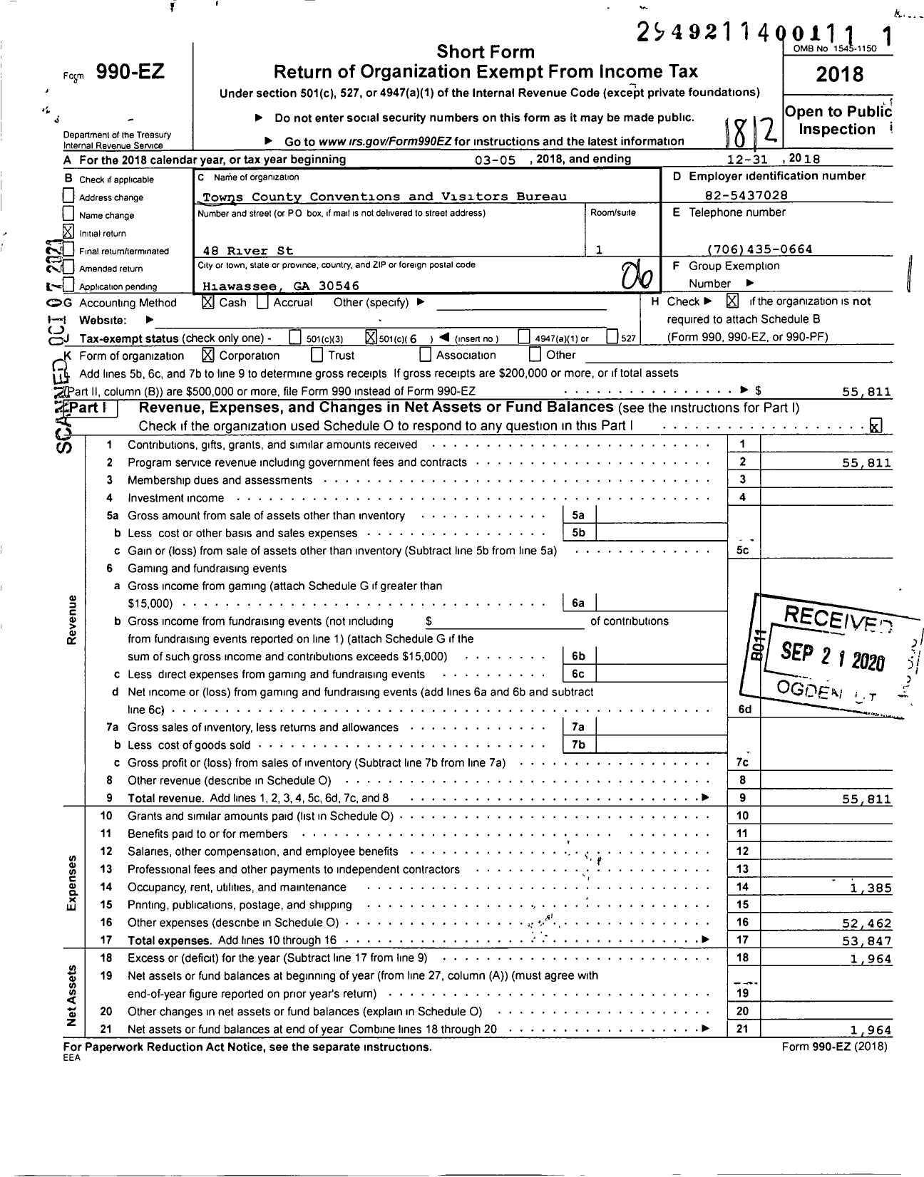 Image of first page of 2018 Form 990EO for Towns County Conventions and Visitors Bureau