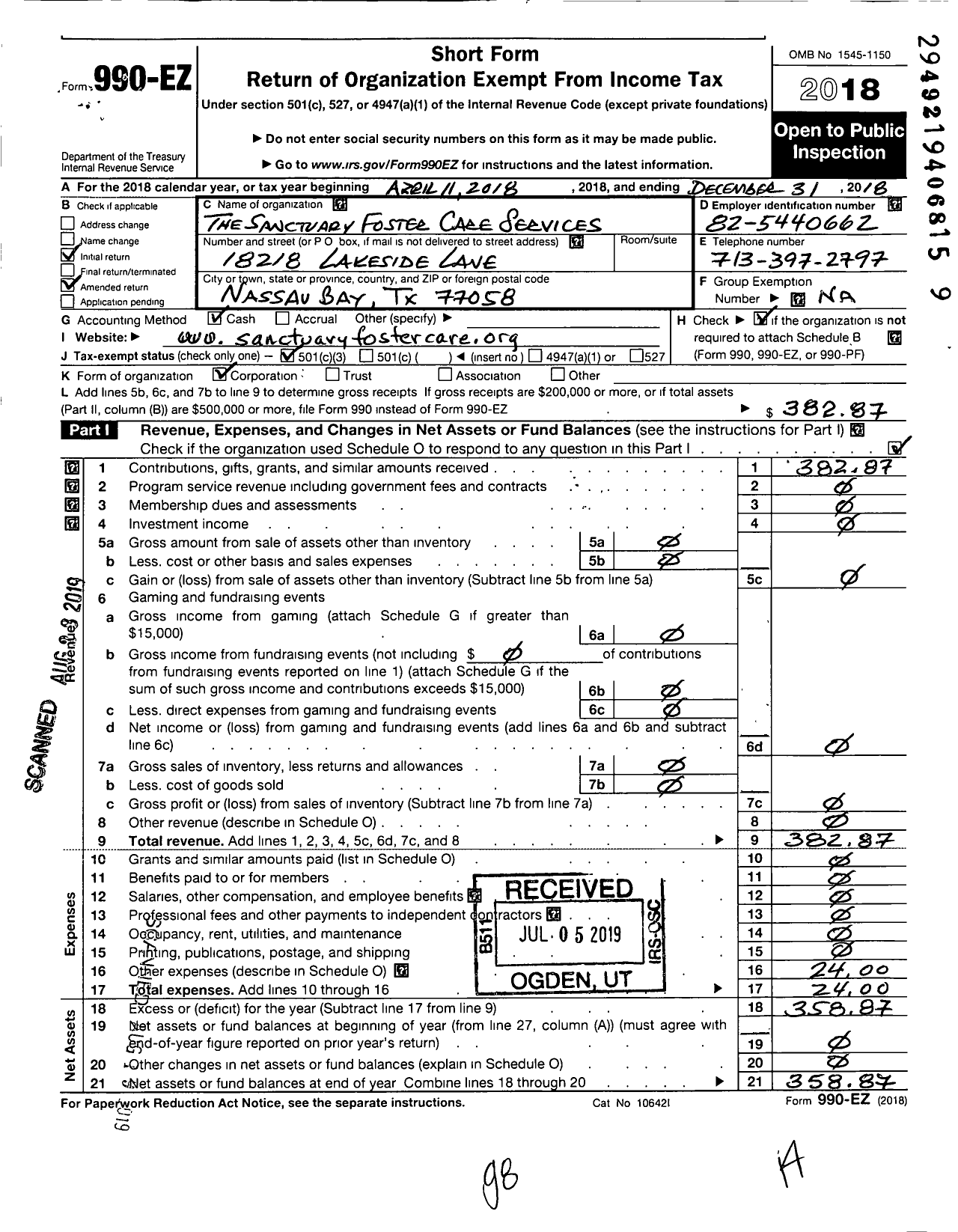 Image of first page of 2018 Form 990EZ for The Sanctuary Foster Care Services