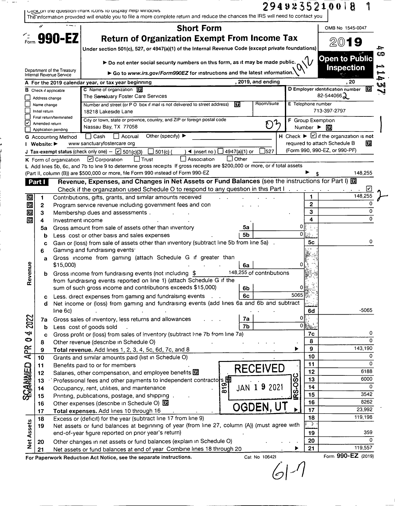 Image of first page of 2019 Form 990EZ for The Sanctuary Foster Care Services