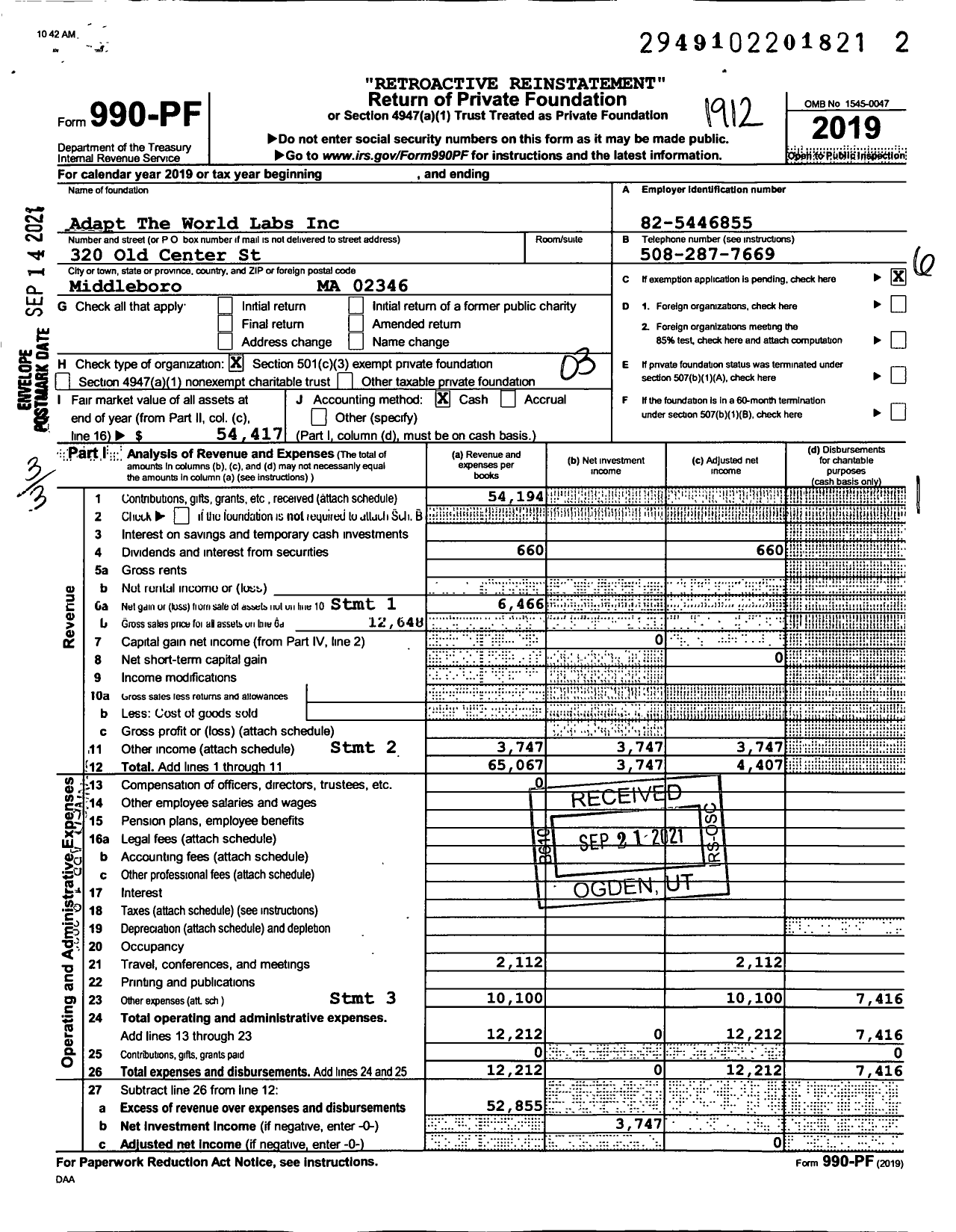 Image of first page of 2019 Form 990PF for Adapt the World Labs