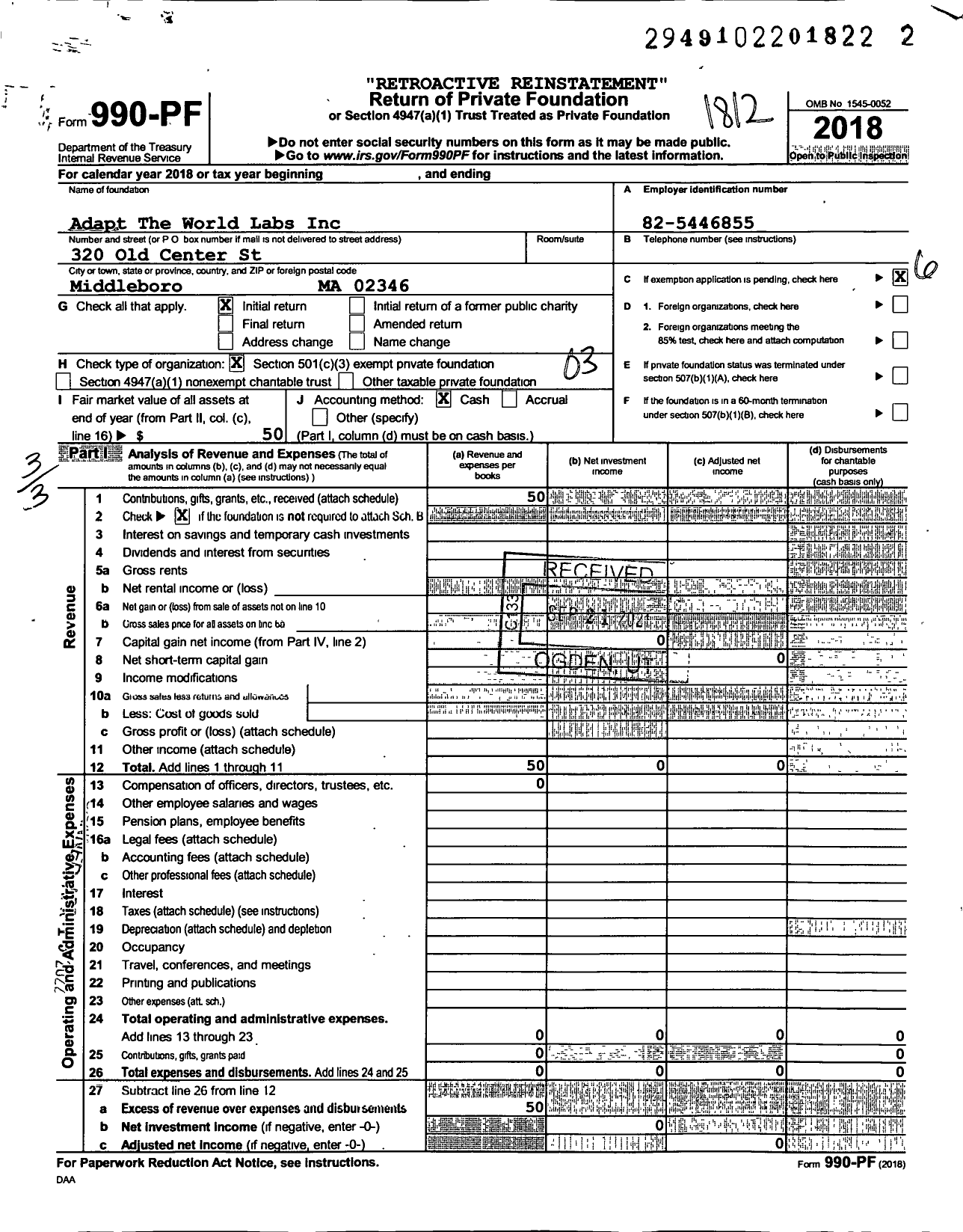 Image of first page of 2018 Form 990PF for Adapt the World Labs