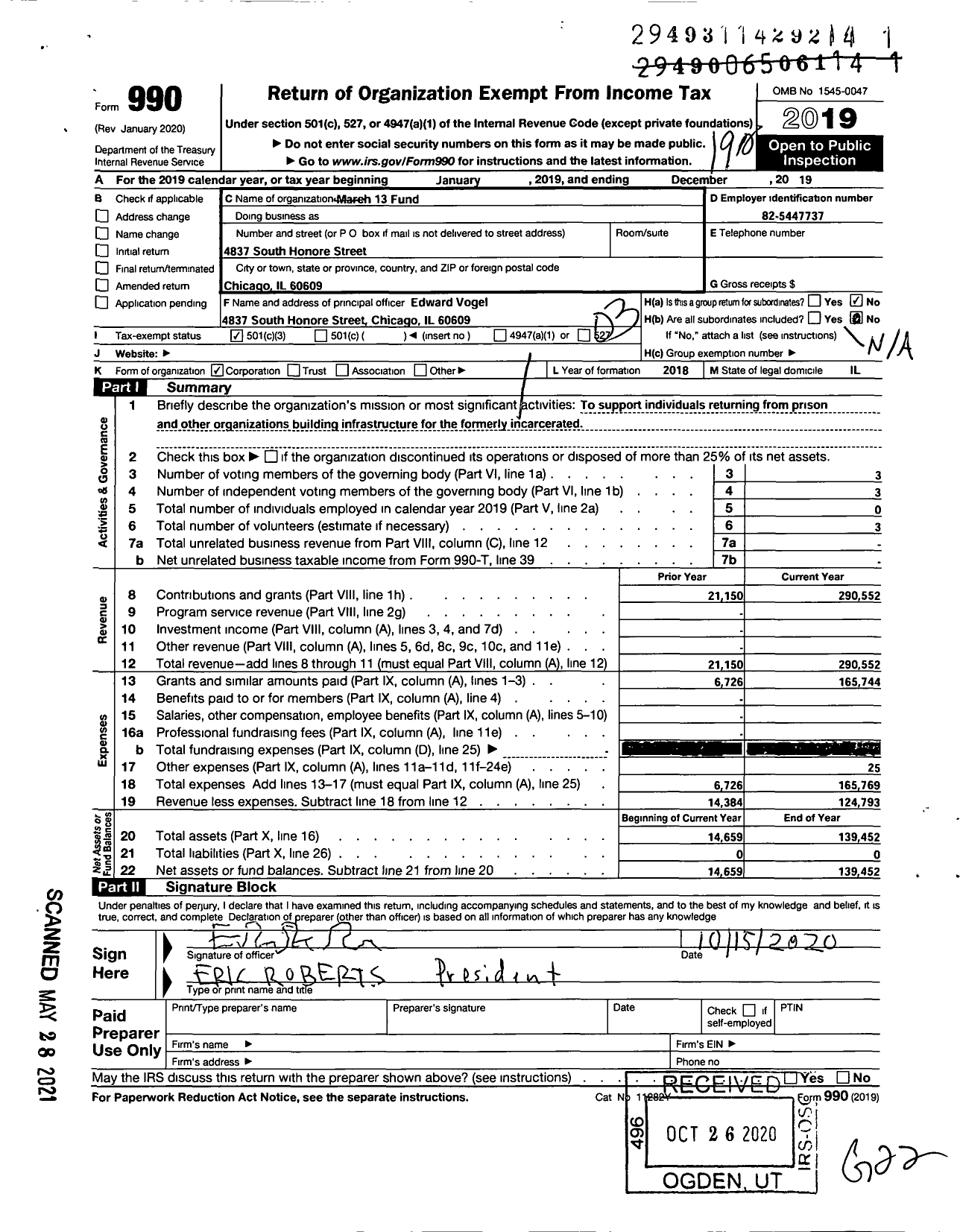 Image of first page of 2019 Form 990 for March 13 Fund