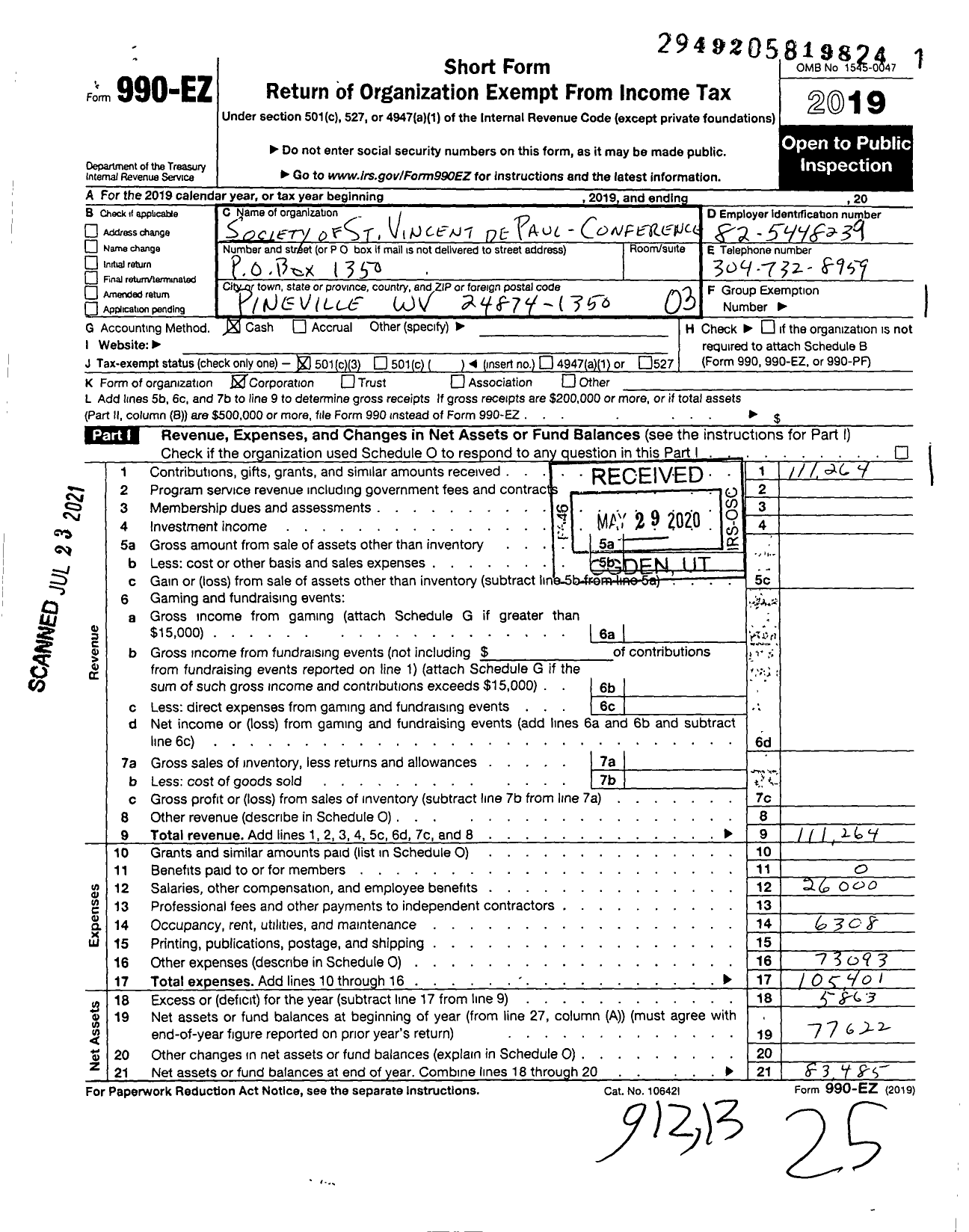 Image of first page of 2019 Form 990EZ for Society of St Vincent de Paul Conference of Southern WV