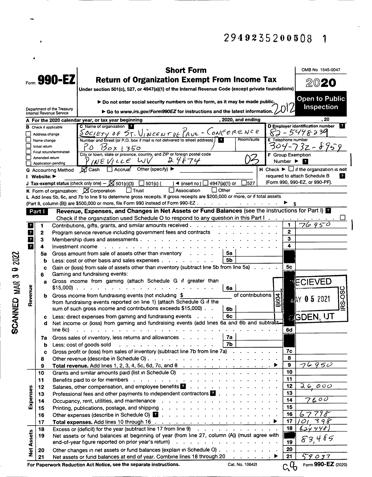 Image of first page of 2020 Form 990EZ for Society of St Vincent de Paul Conference of Southern WV