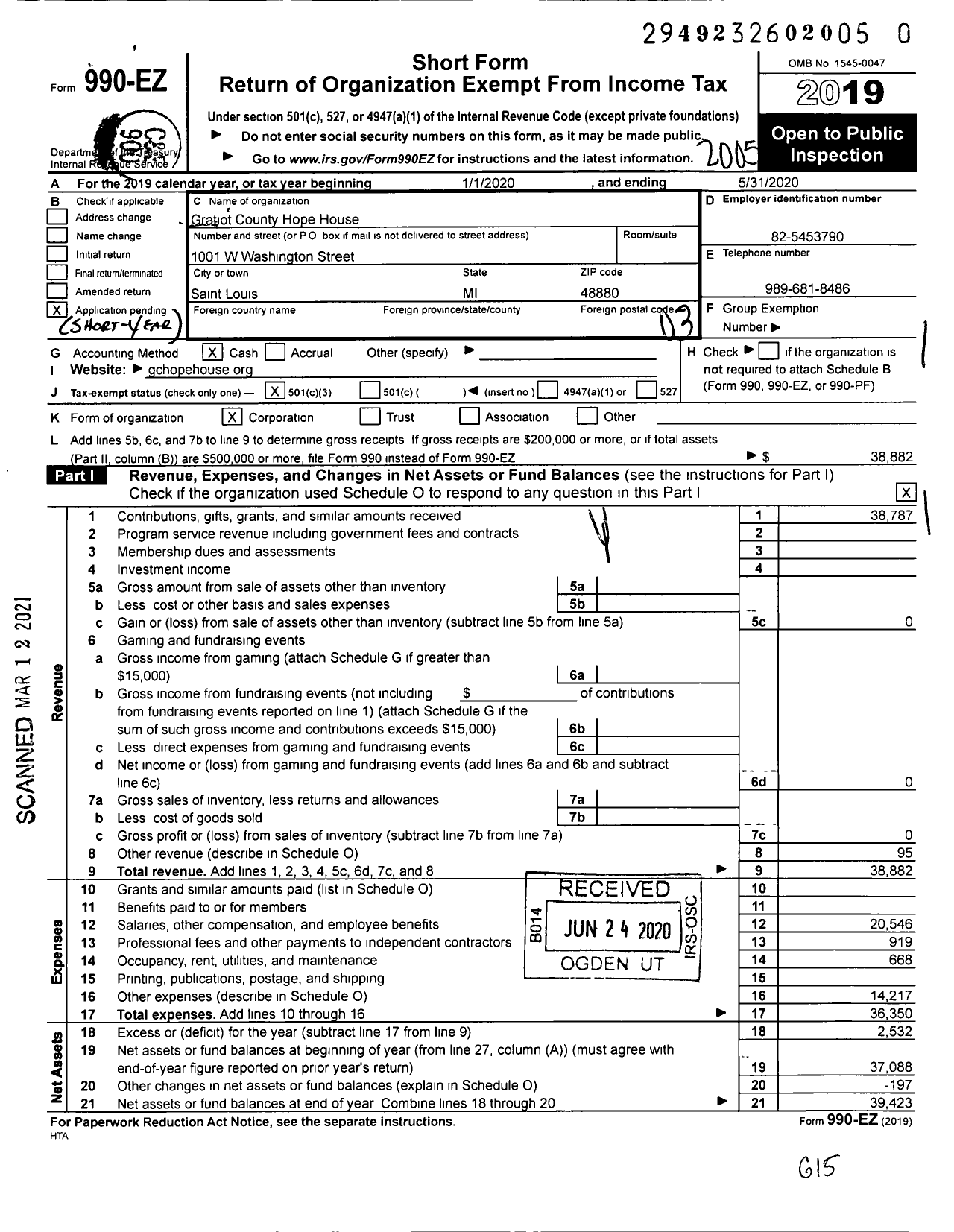 Image of first page of 2019 Form 990EZ for Gratiot County Hope House