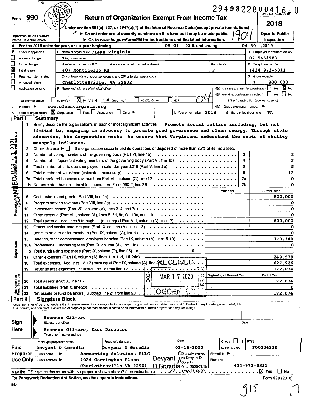 Image of first page of 2018 Form 990O for Clean Virginia