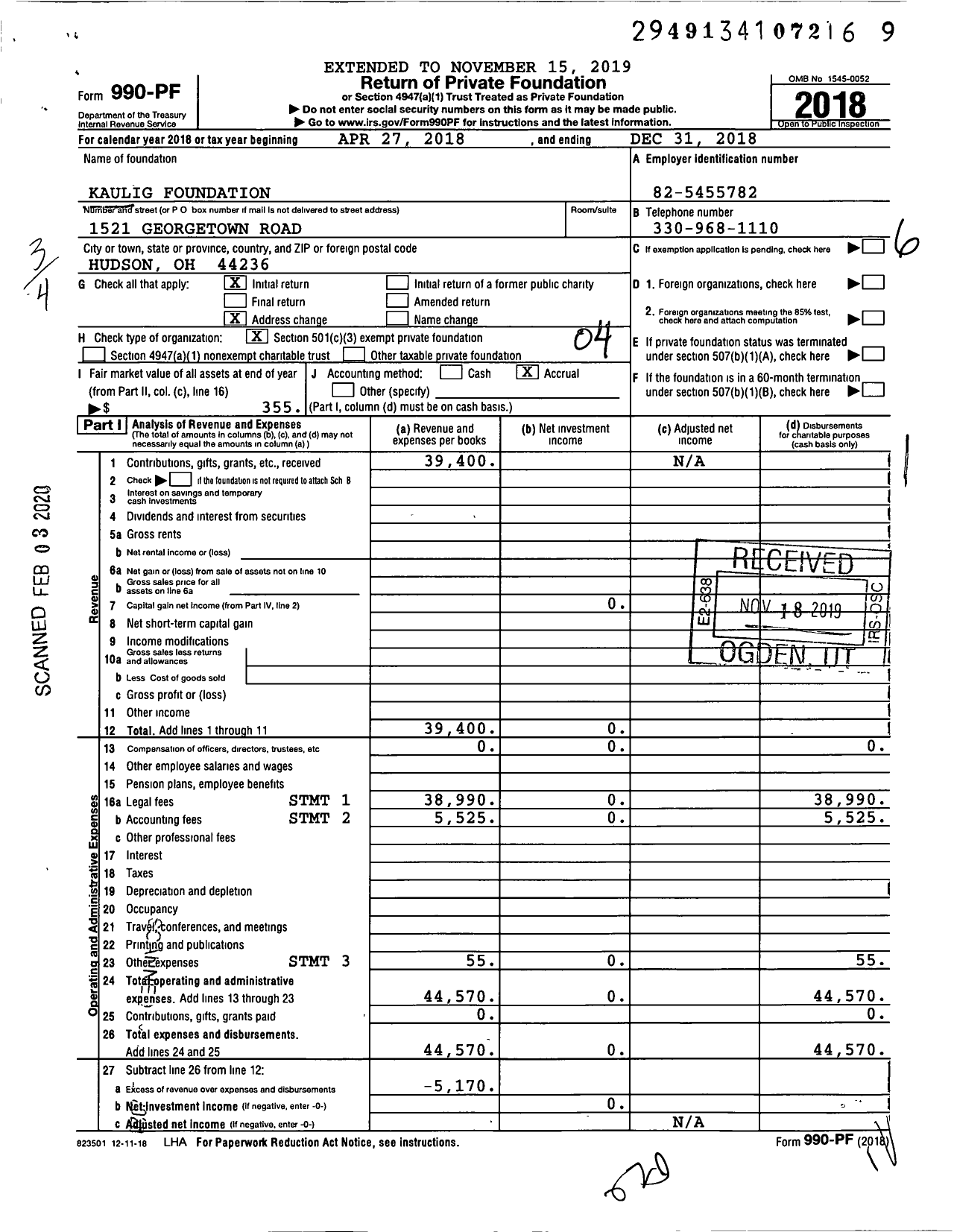 Image of first page of 2018 Form 990PF for Kaulig Foundation