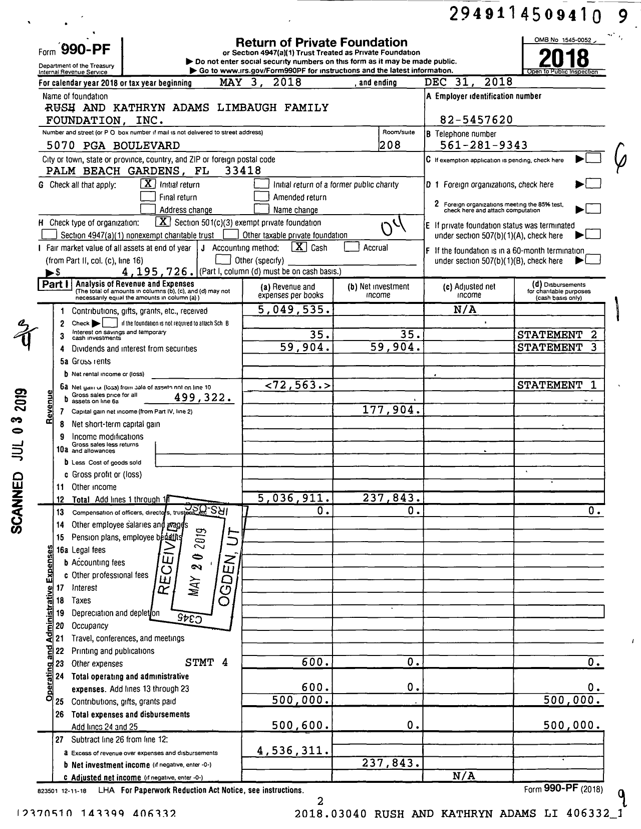 Image of first page of 2018 Form 990PF for Rush and Kathryn Adams Limbaugh Family Foundation
