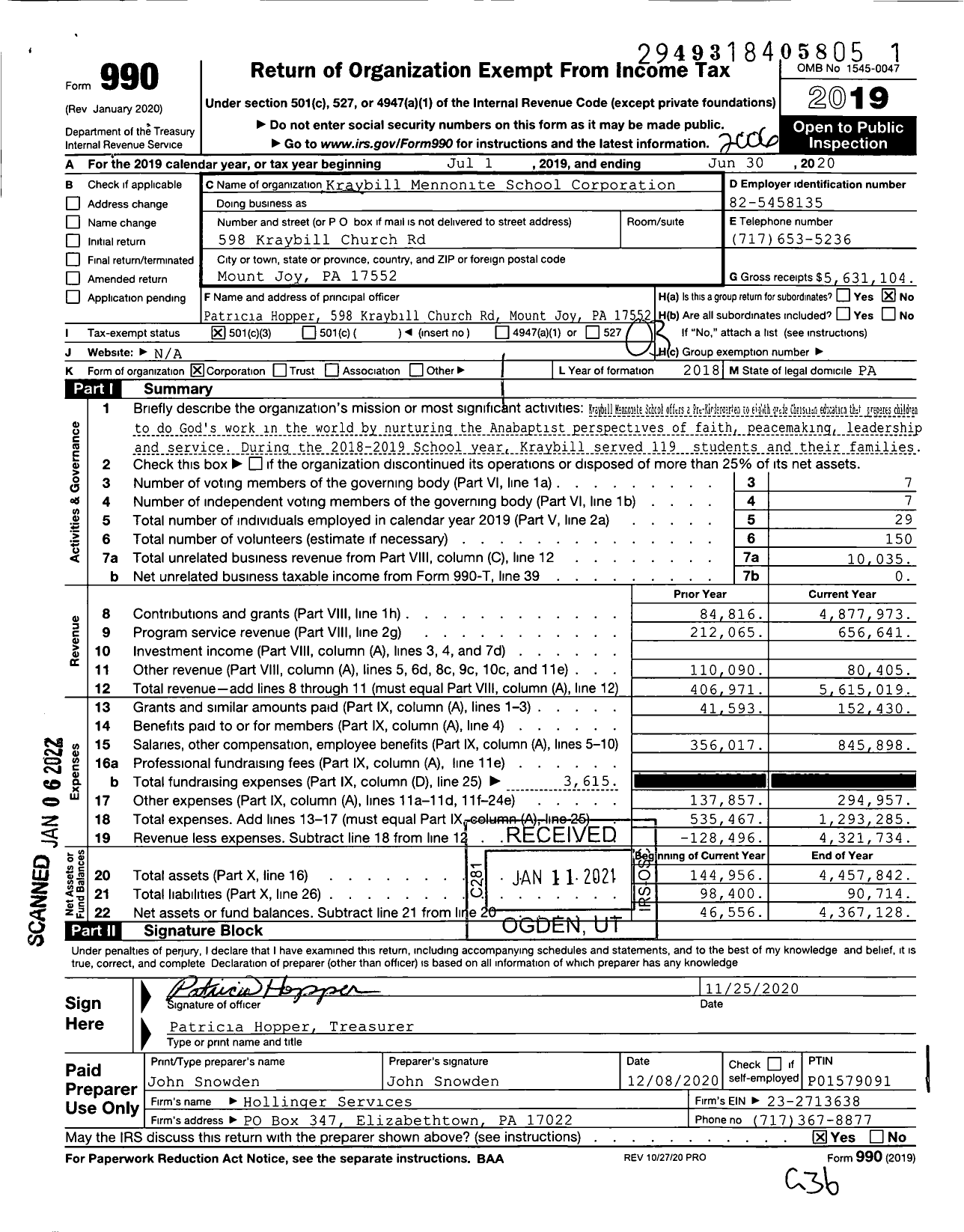 Image of first page of 2019 Form 990 for Kraybill Mennonite School Corporation