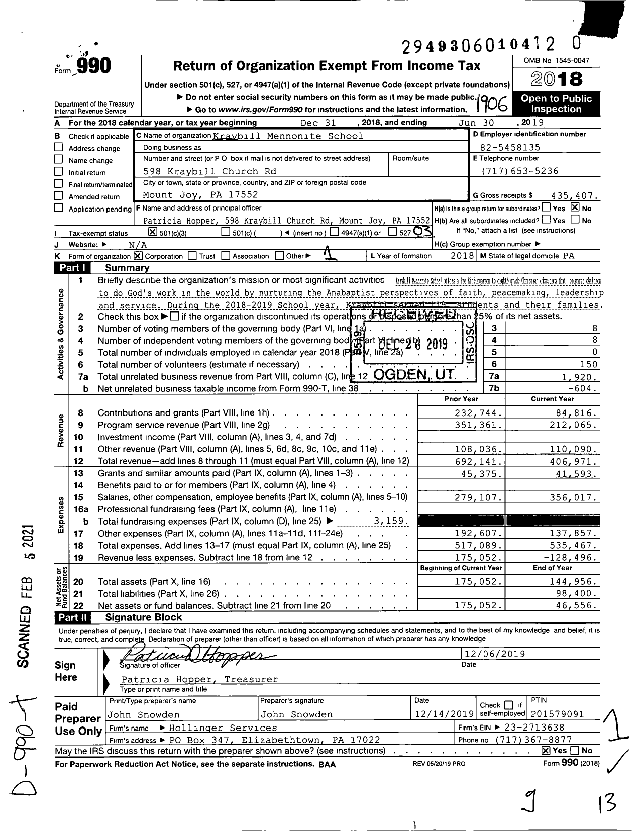 Image of first page of 2018 Form 990 for Kraybill Mennonite School Corporation
