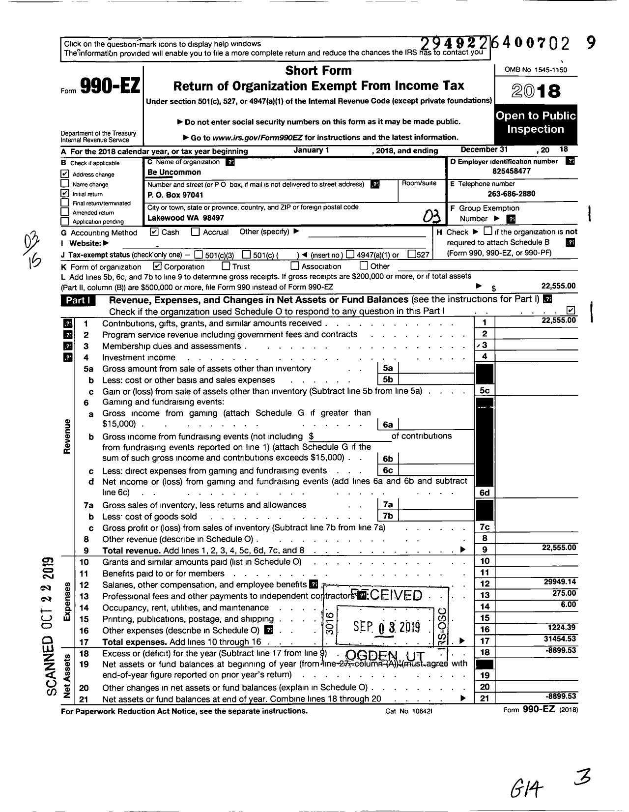 Image of first page of 2018 Form 990EZ for Be Uncommon